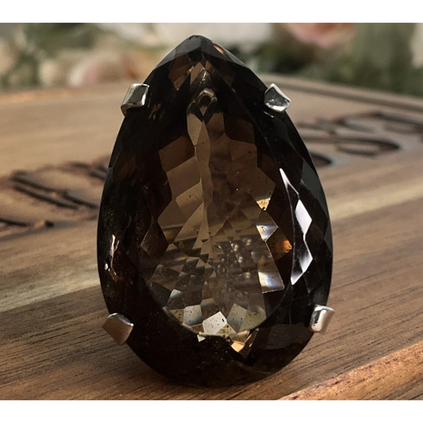 Vintage Sterling Silver Large Smoky Quartz Pear Cocktail Statement Ring 22g Sz 7