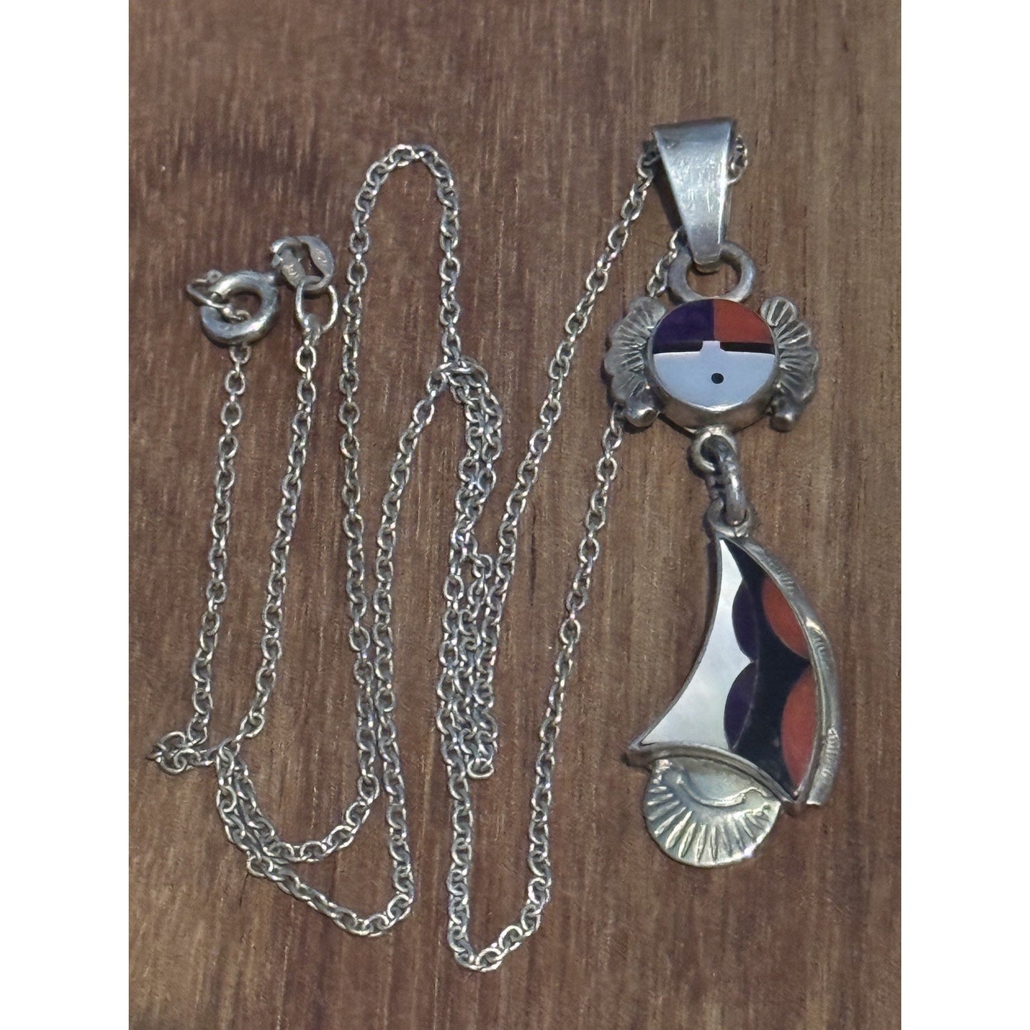 Sterling Silver Sunface Inlay Pendant Artisan Design 7.4g Dangle Necklace 18”