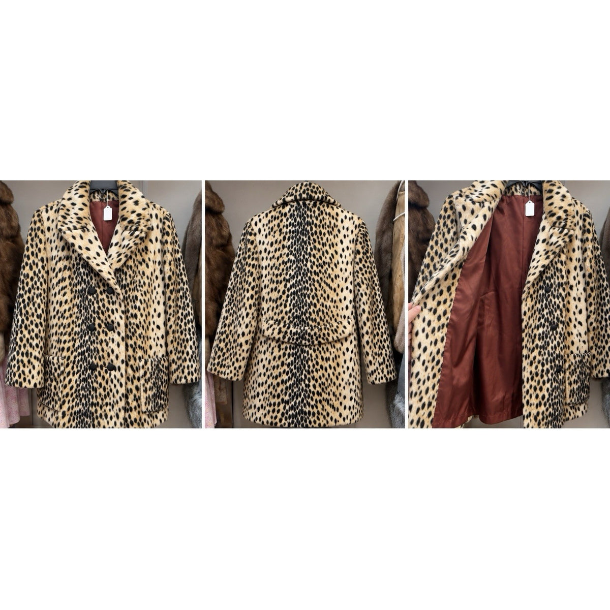 Luxury Pile Faux Fur Leopard Cheetah Print Coat Women’s XS Double Breasted