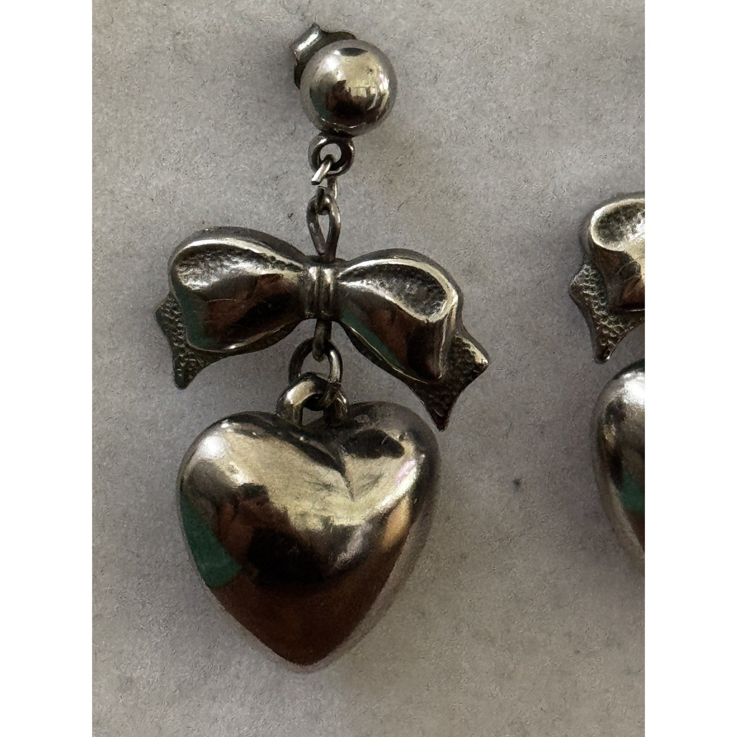 Vintage Sterling Silver 925 Bow Puffy Heart Dangle Earrings 1980s - 1990s
