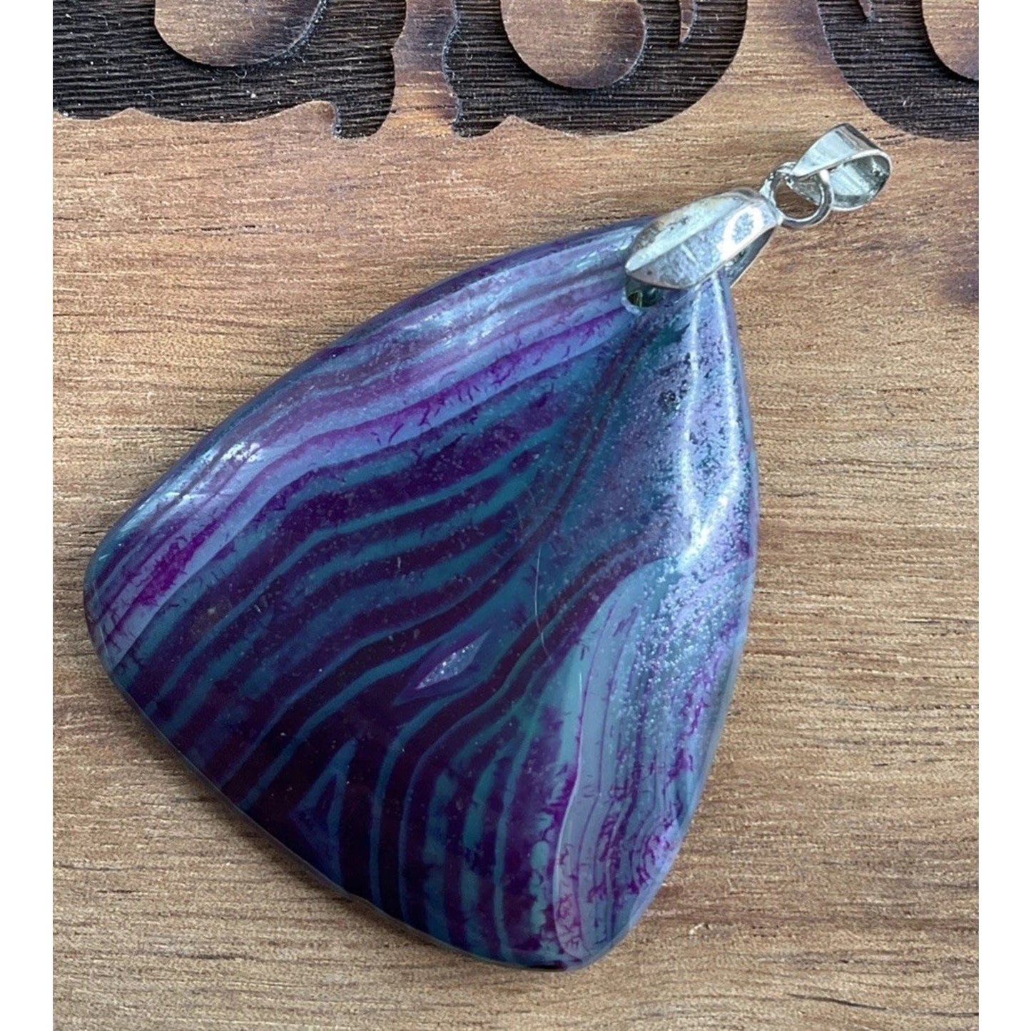 Large Banded Agate Pendant Purple Green Statement Stone Boho Freeform Pendant