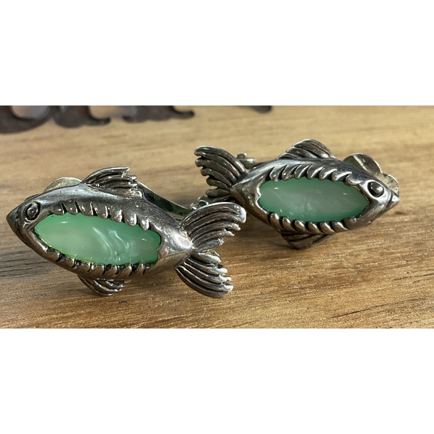 Vintage Sterling Silver Fish Coastal Clip On Earrings Aqua Green Gemstones 10g