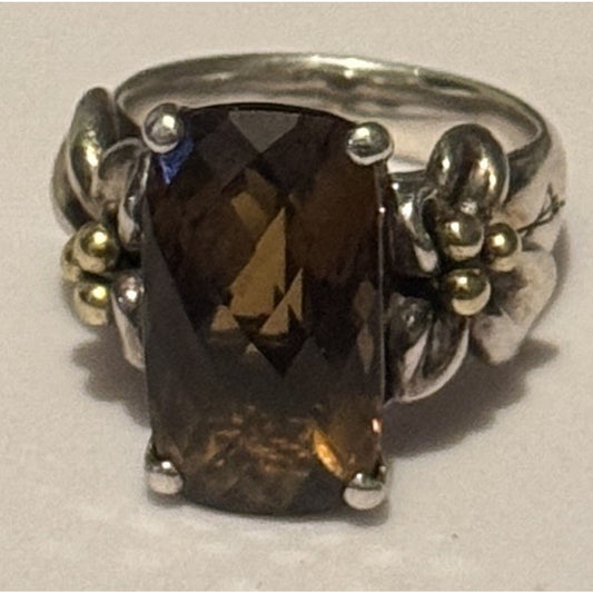 Vintage Ann King 925 Sterling 18K Smoky Quartz Floral Statement Ring Size 7.5
