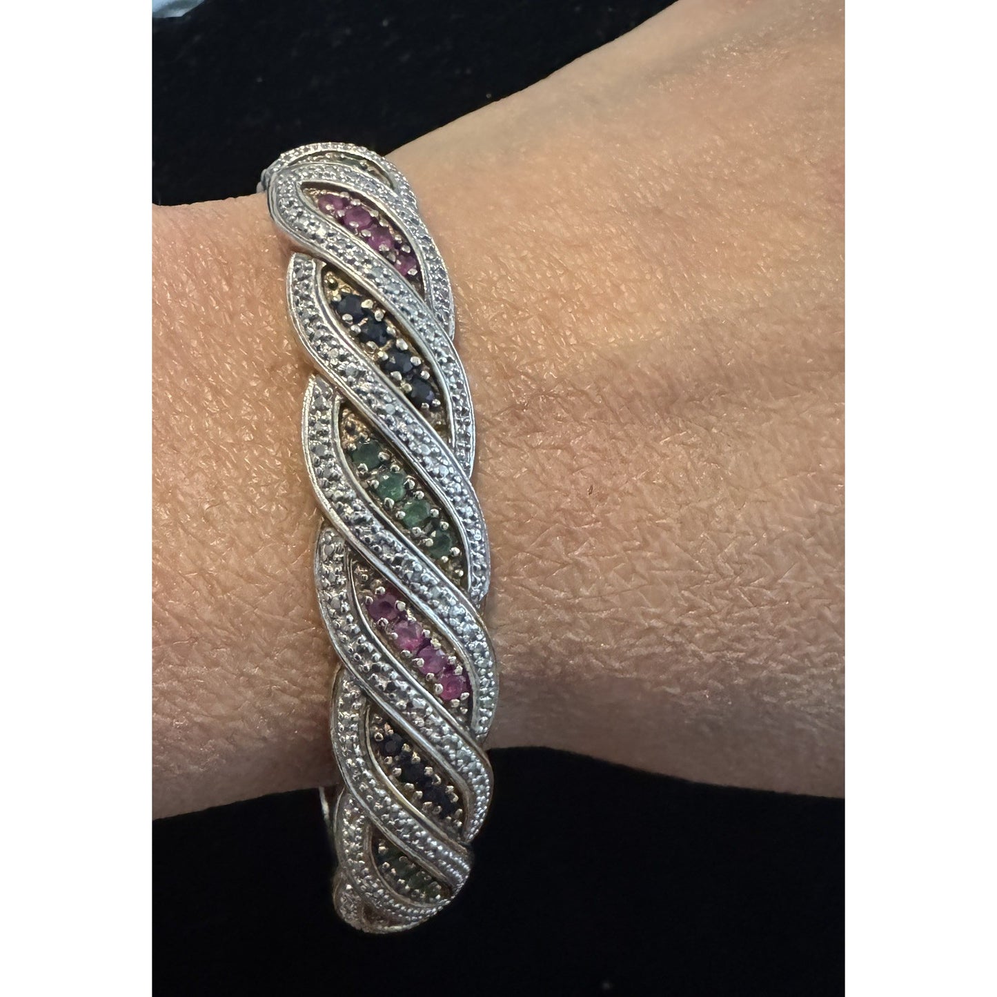 Sterling Creations 925 Silver Hinged Bangle Bracelet Rubies Emeralds Sapphires