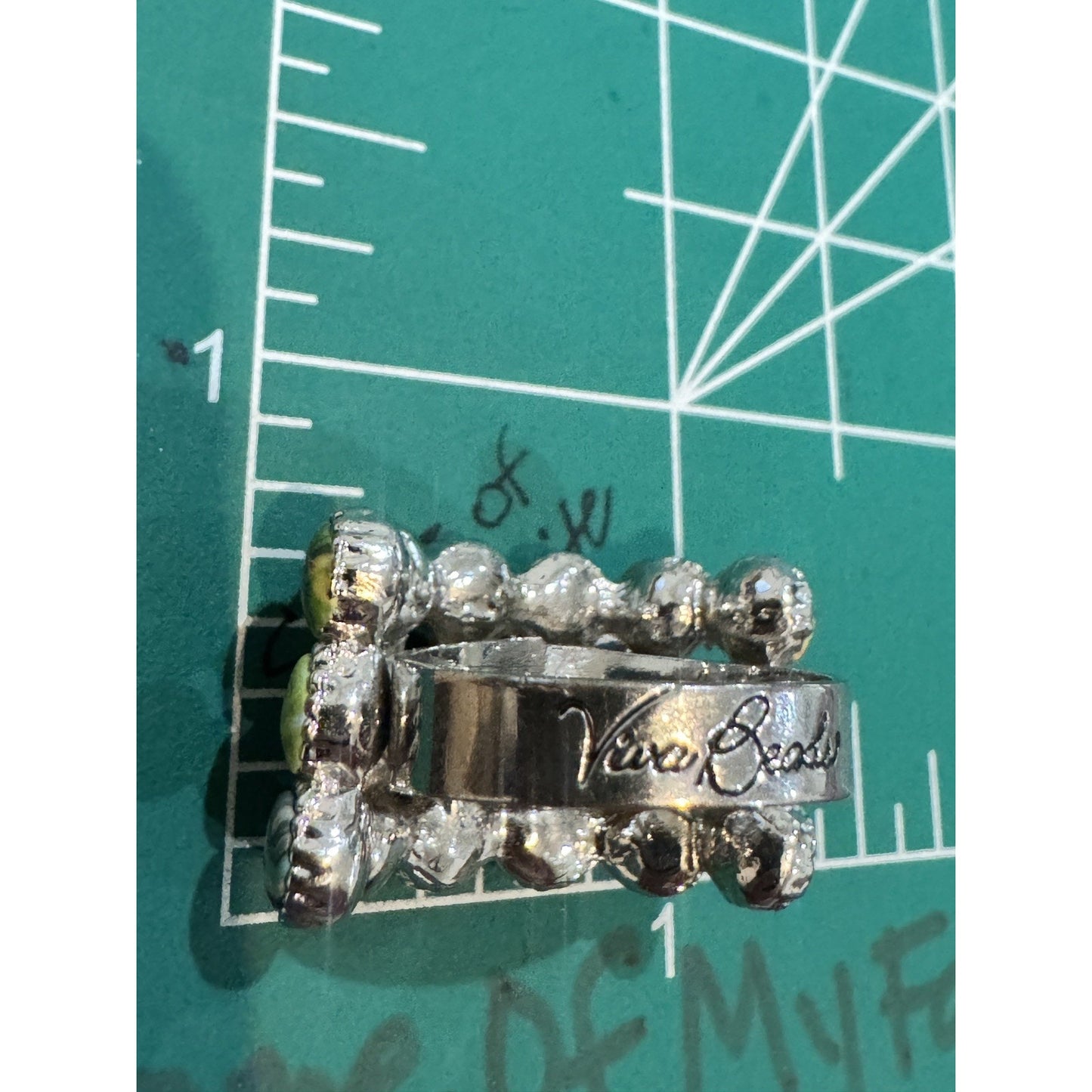 Viva Beads Green Hand Painted Statement Ring Silver Tone Wide Band Size 6.75