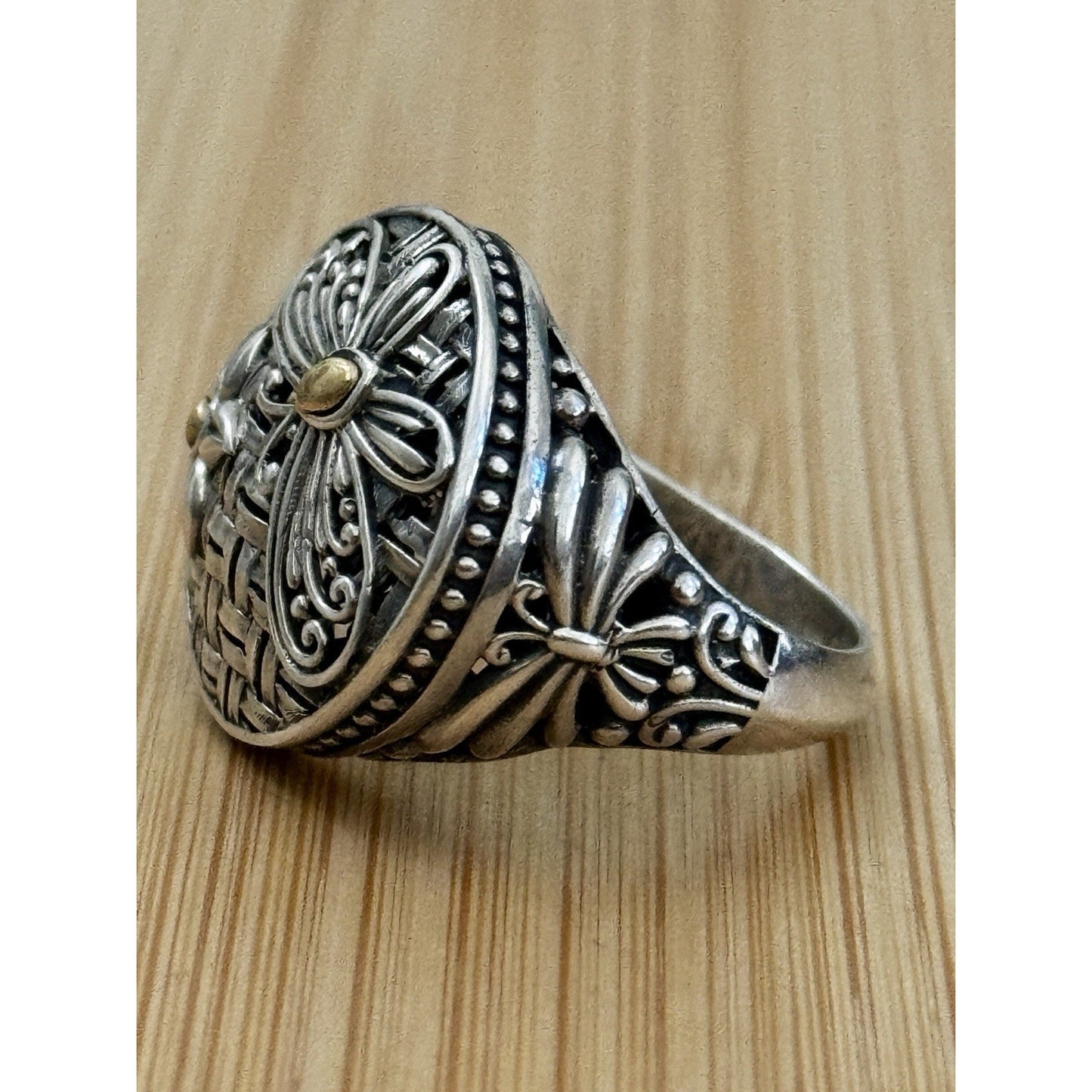 Robert Manse M ID 925 Sterling and 18K Gold Dragonfly Flower Sz 8.5 Bali 7g