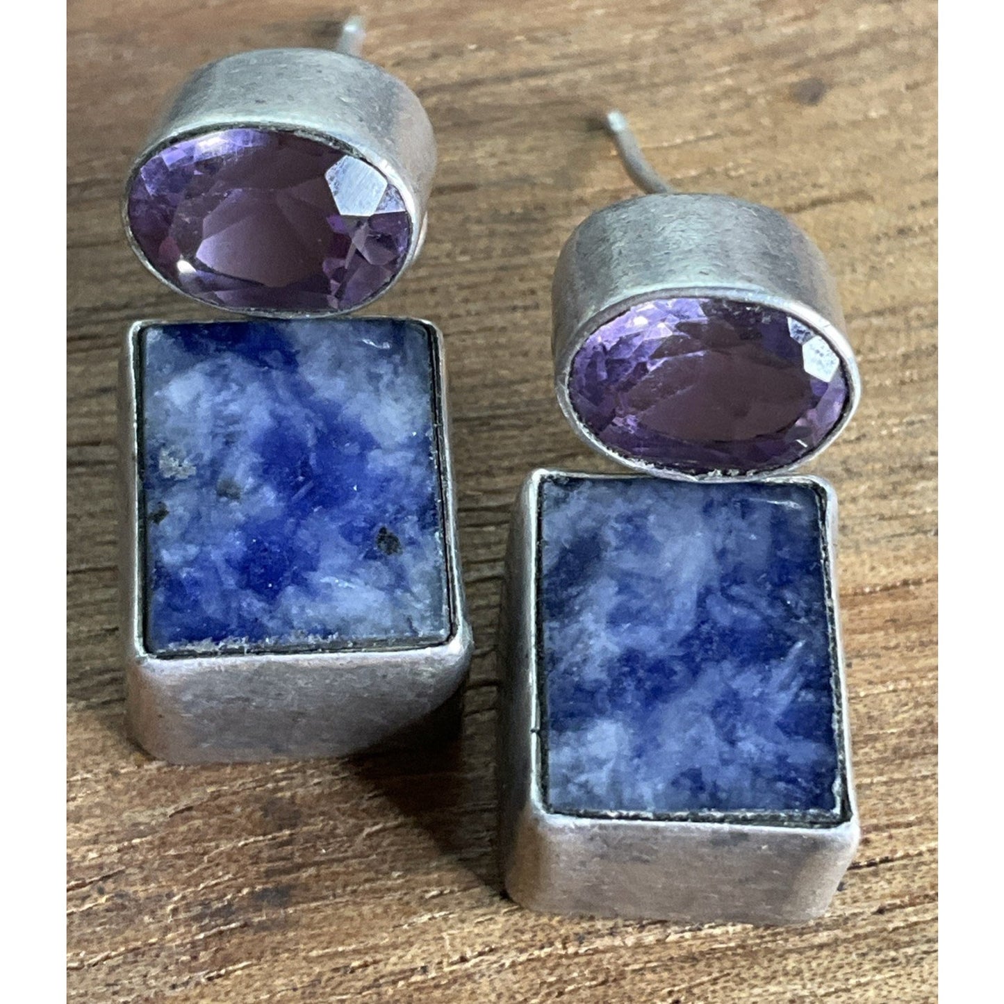Vintage Sterling Silver Sodalite Amethyst Modernist Dangle Geometric Earrings