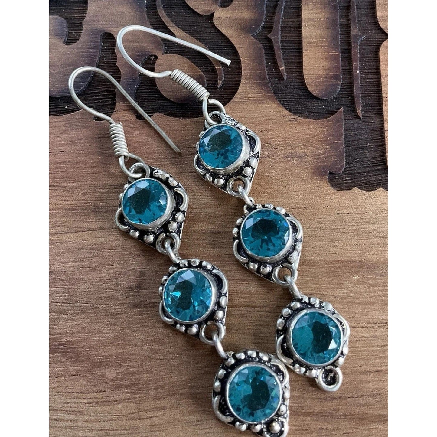 Sterling Silver Blue Topaz Dangle Earrings Long Drop Vintage Style 925