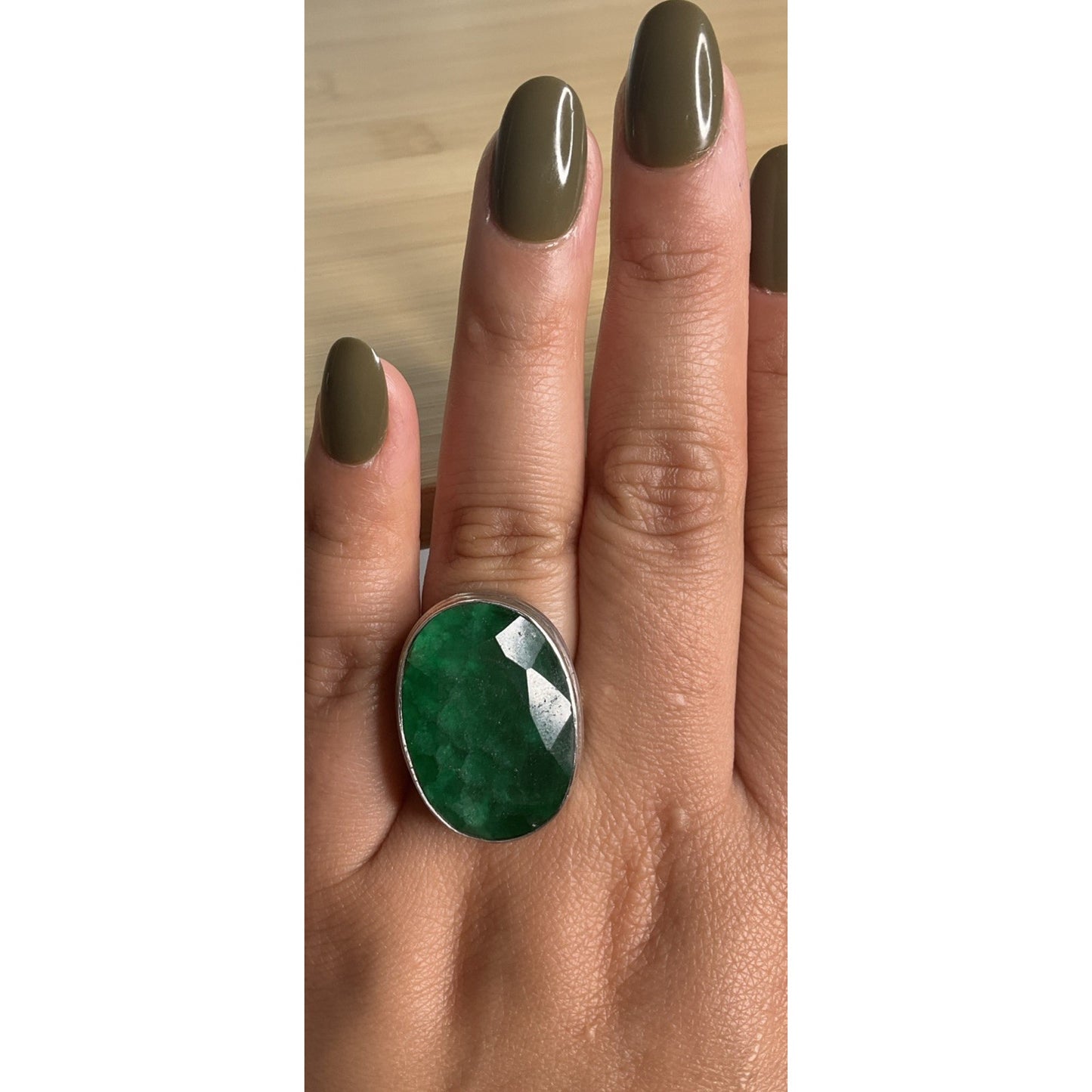 Vintage Large Green Gemstone Sterling Silver Statement Dramatic Ring Size 8