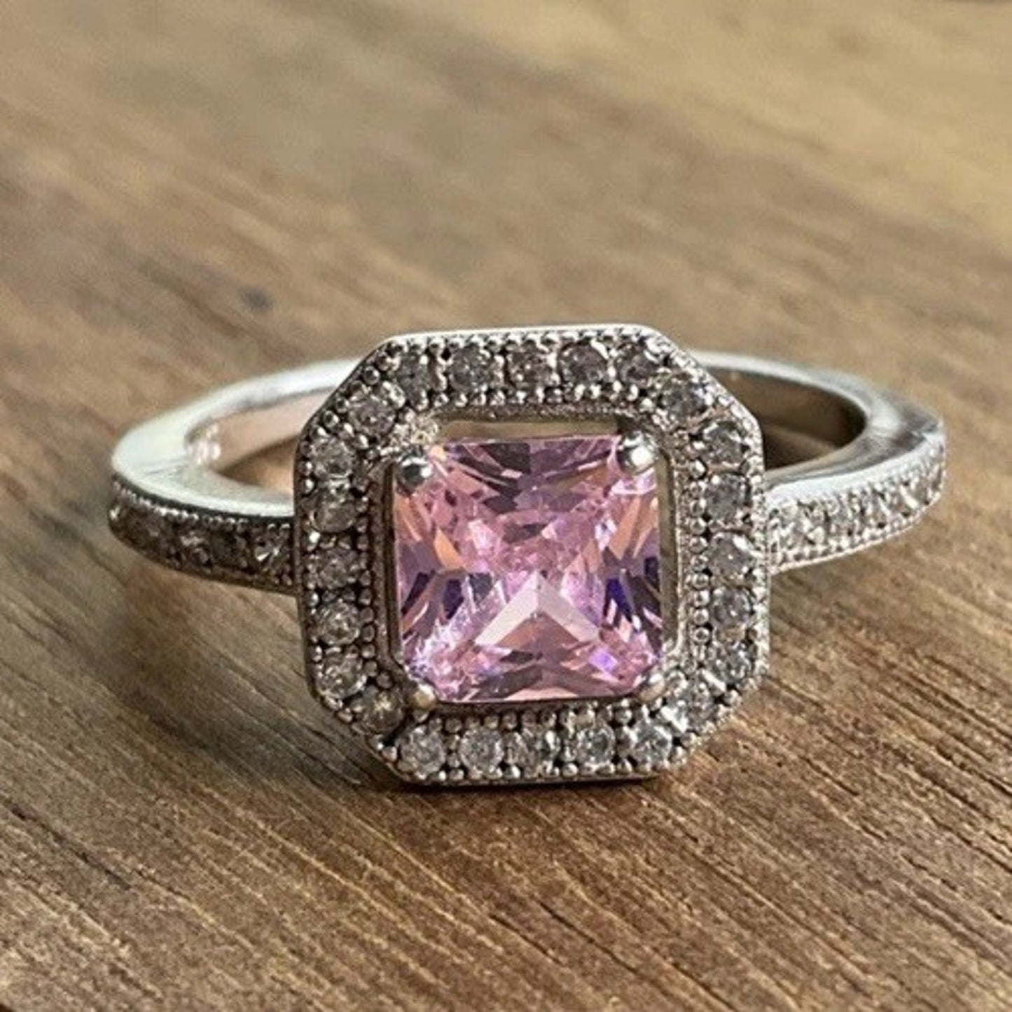 Sterling Silver Pink Stone Halo Ring Size 6 Princess Cut Engagement Style 925