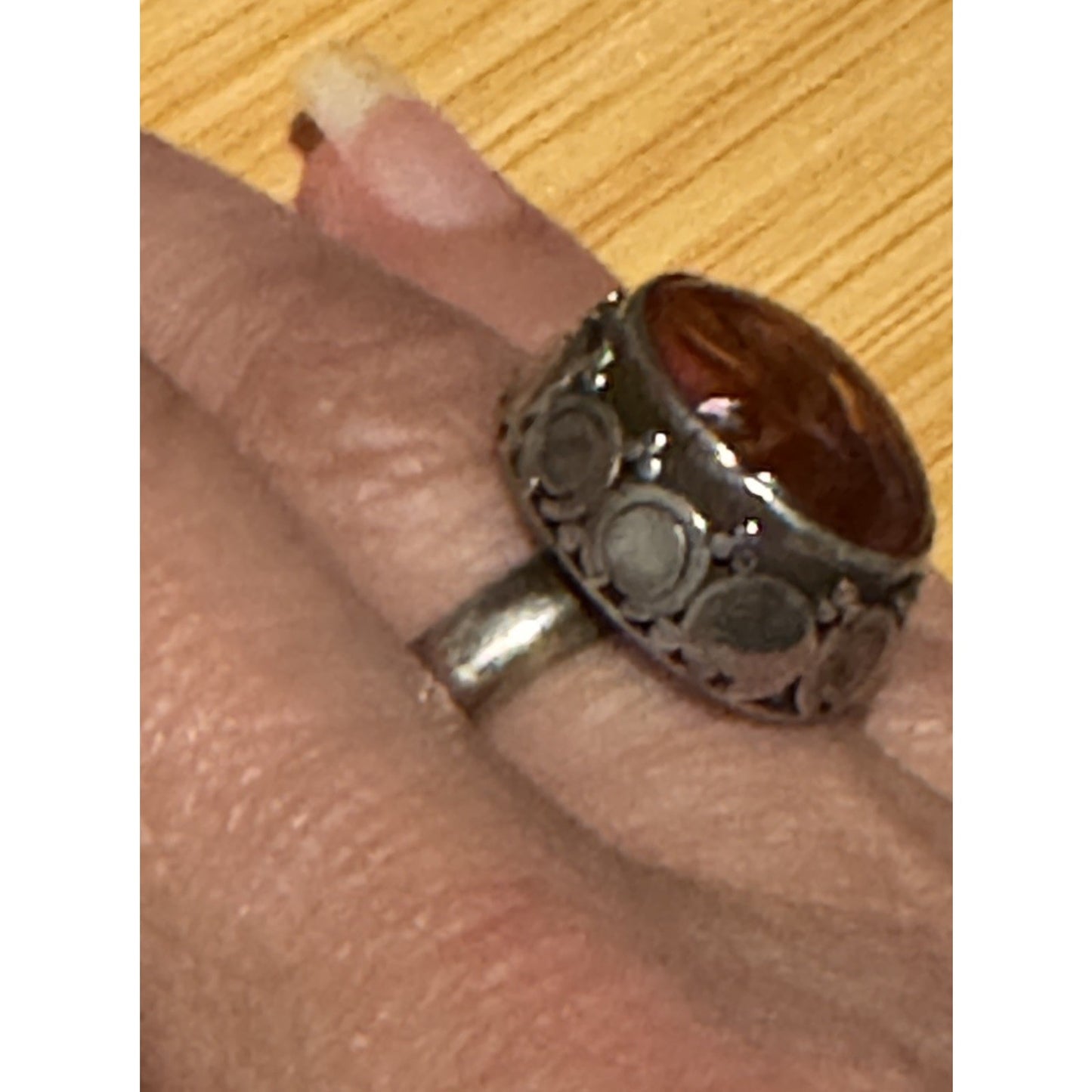 Vintage Artisan Sterling Silver Honey Amber Cabochon Statement Ring Sz 7 80-90s