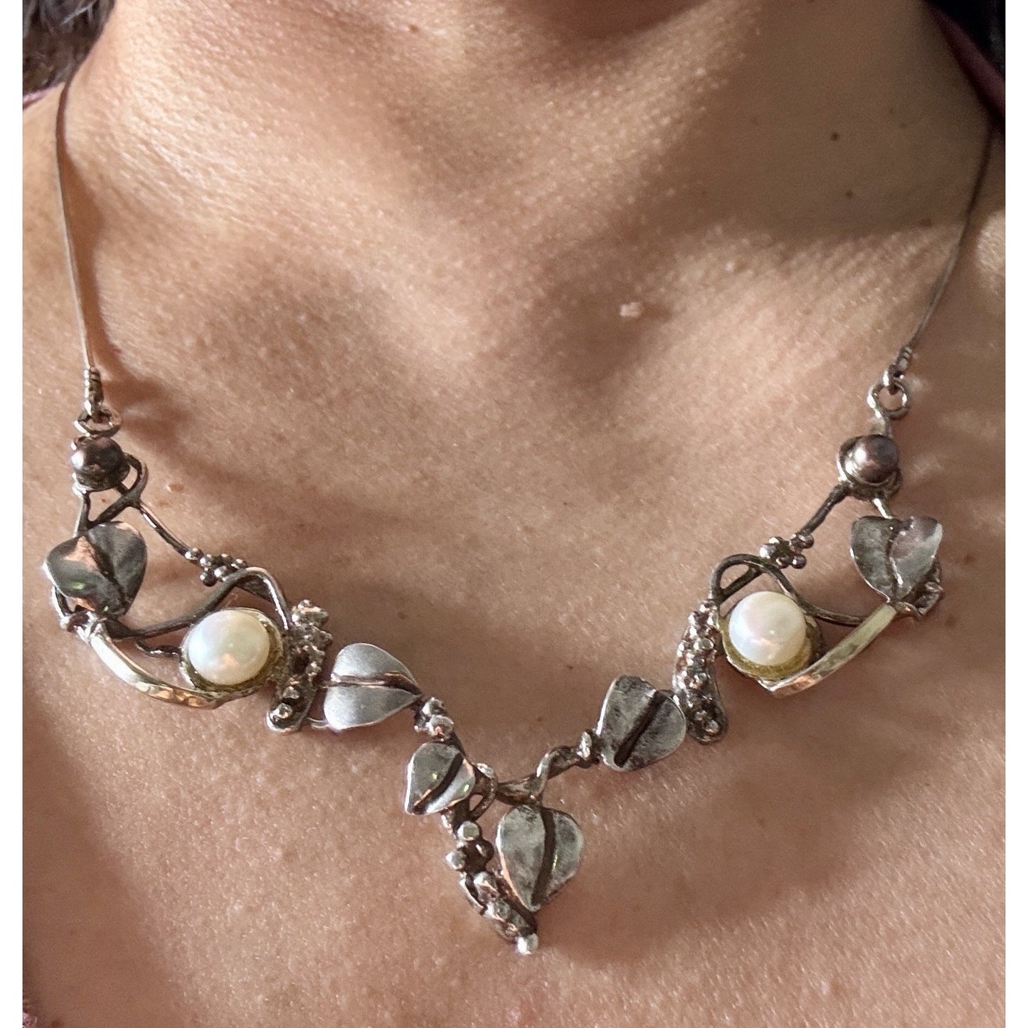 Vintage LAKI 14K & 925 Sterling Silver Pearl Necklace Botanical Leaf Vine 19”