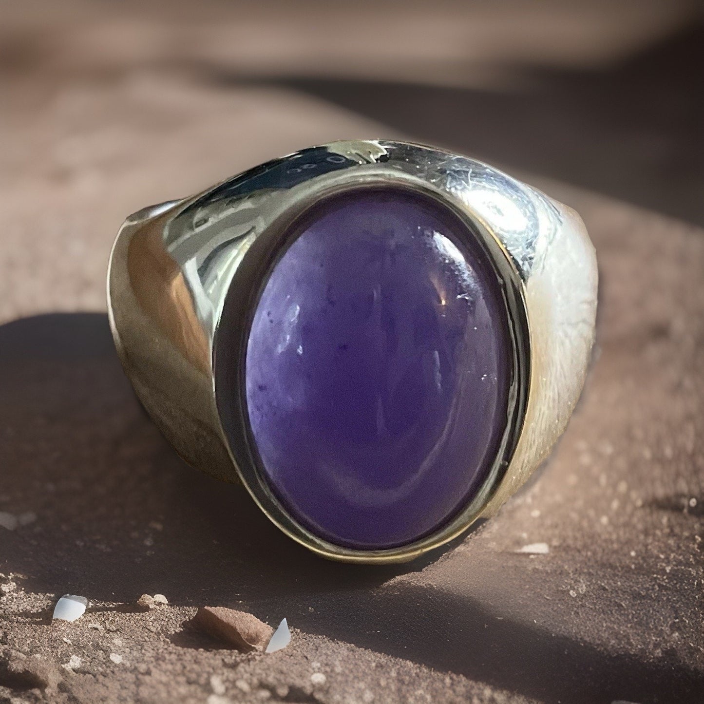 Sterling Silver Purple Cabachon Stone Ring 925 Size 7.5 Oval Statement Rings