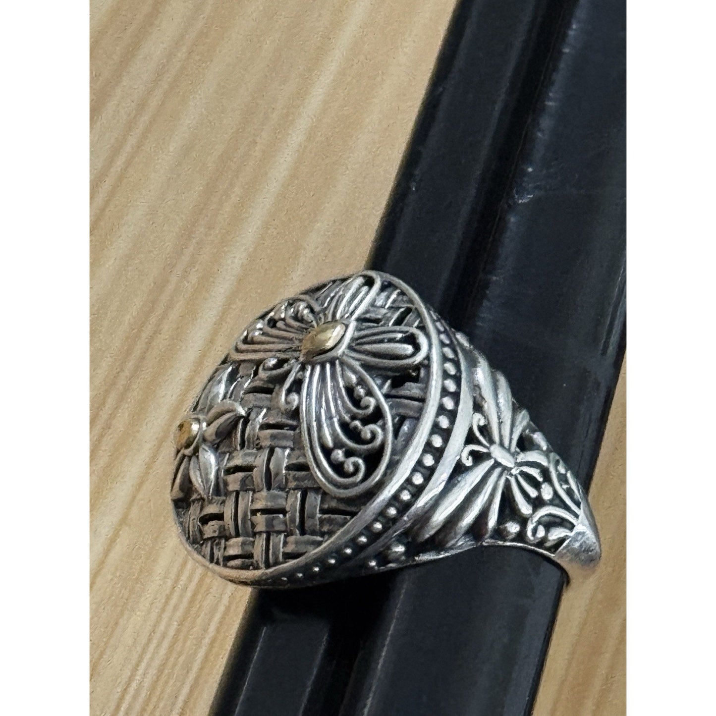 Robert Manse M ID 925 Sterling and 18K Gold Dragonfly Flower Sz 8.5 Bali 7g