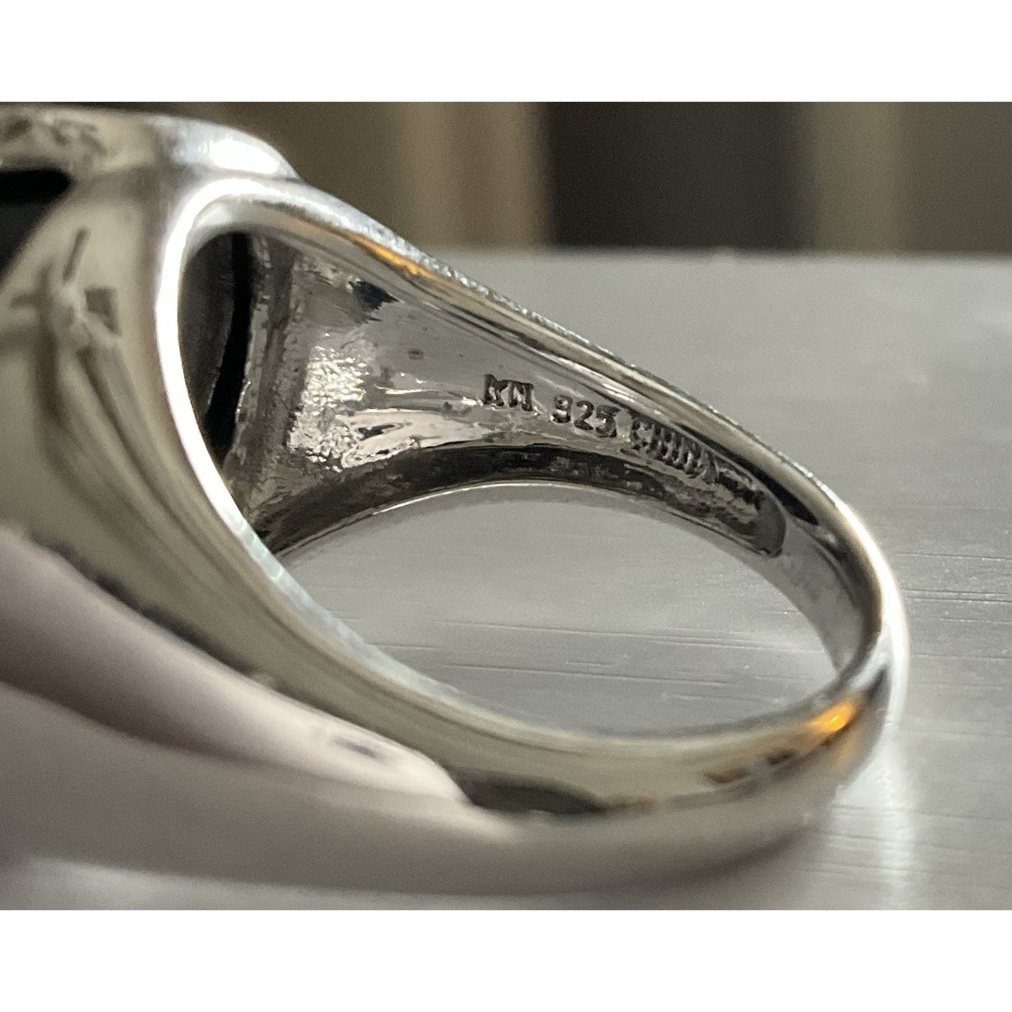 KN 925 Sterling Silver Black Onyx Ring Size 7.5 Large Cabochon