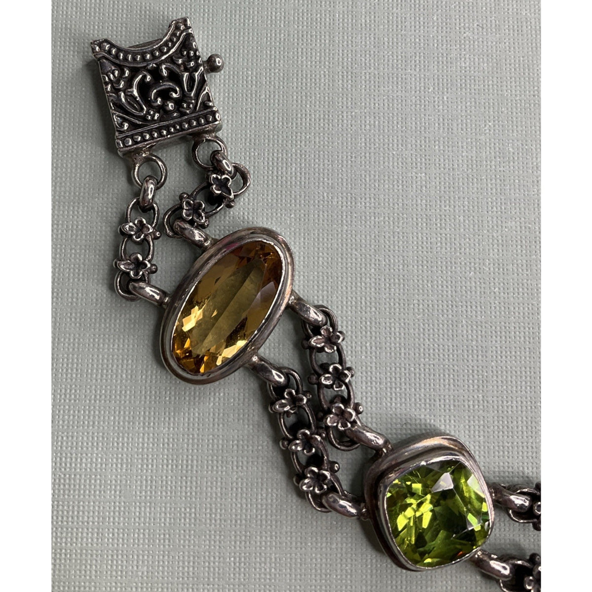 Vintage Sterling Silver Citrine Peridot Gemstone Double Chain Bracelet