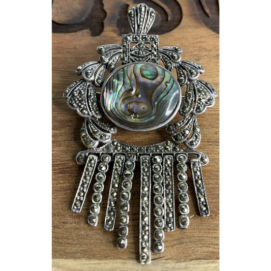 Gorgeous Vintage Abalone Marcasite ND Sterling Silver Fringe Pendant Brooch 12g