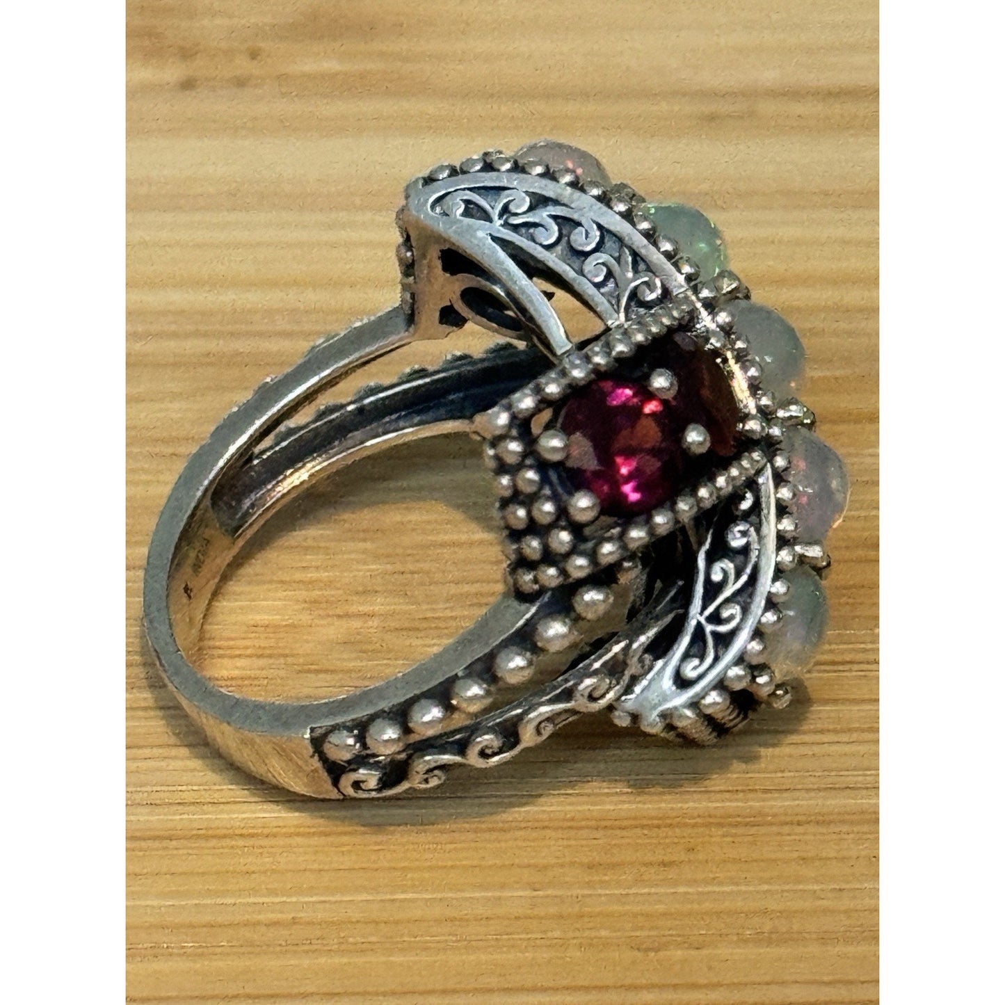 Vintage Sterling Silver Opal & Garnet Statement Ring Boho Bali Ring Size 8.5