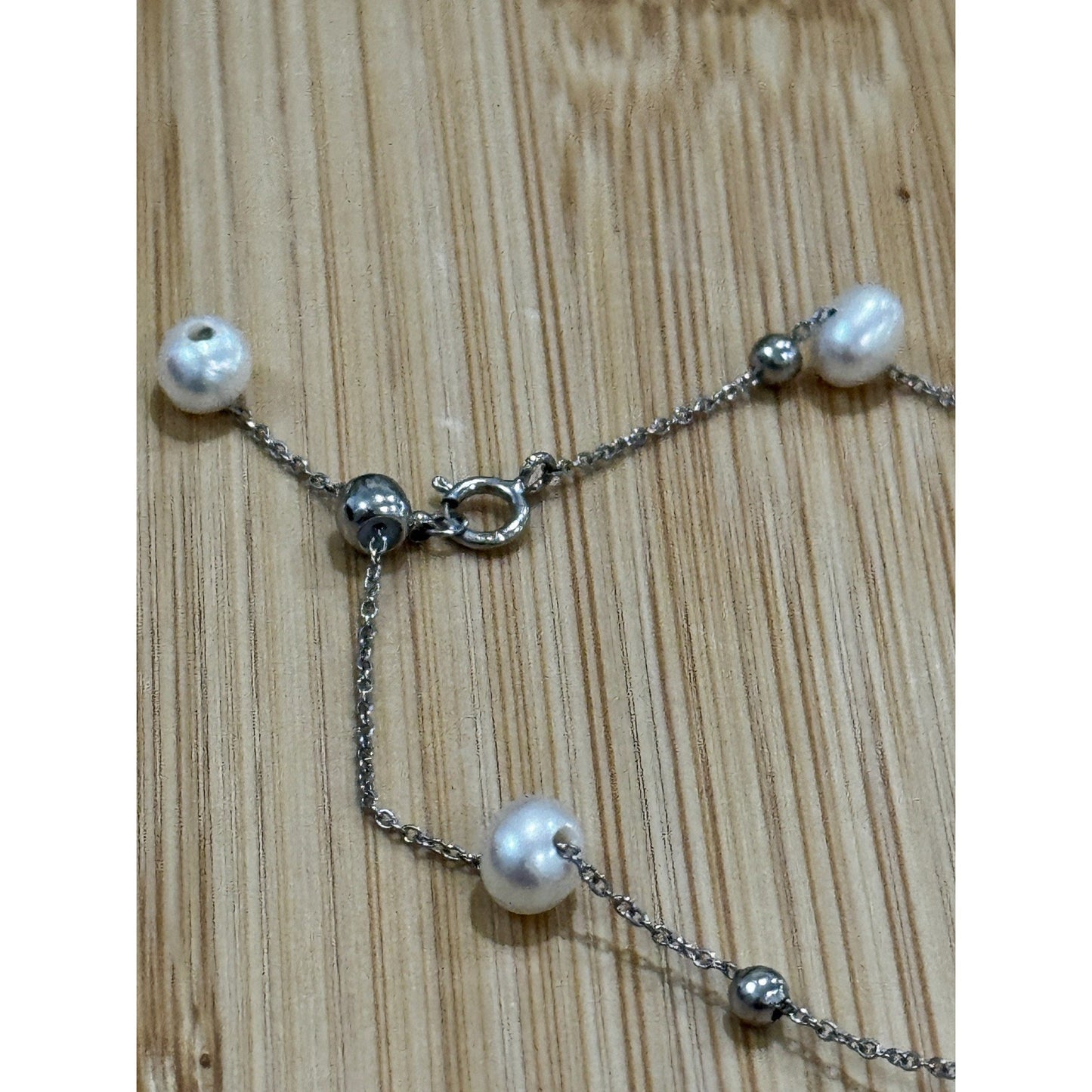 Vintage Sterling Silver Freshwater Pearl & Silver Bead Station Slider Bracelet