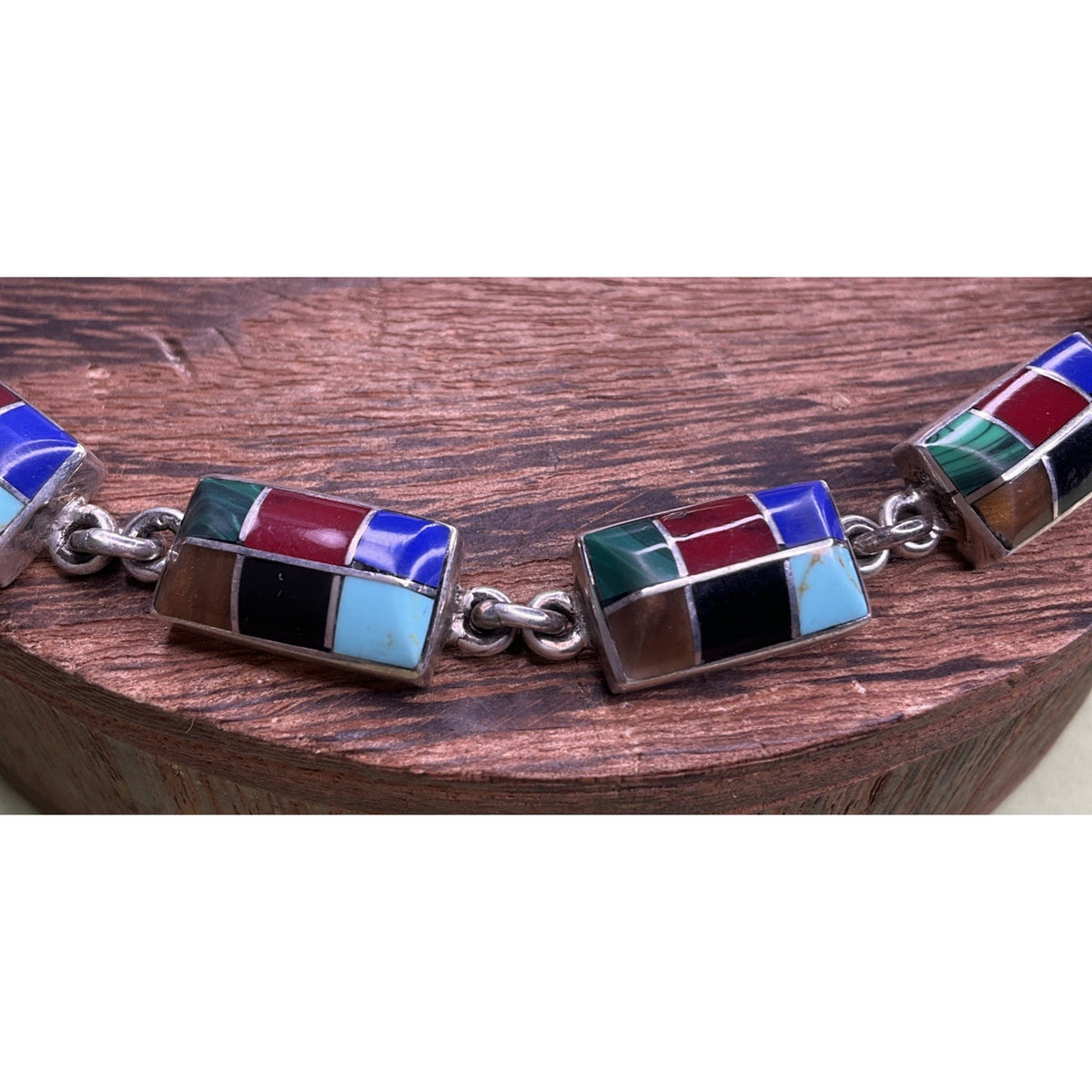 Vintage Mexico 925 Sterling Silver Multi Stone Inlay Link Bracelet 31g 7.5