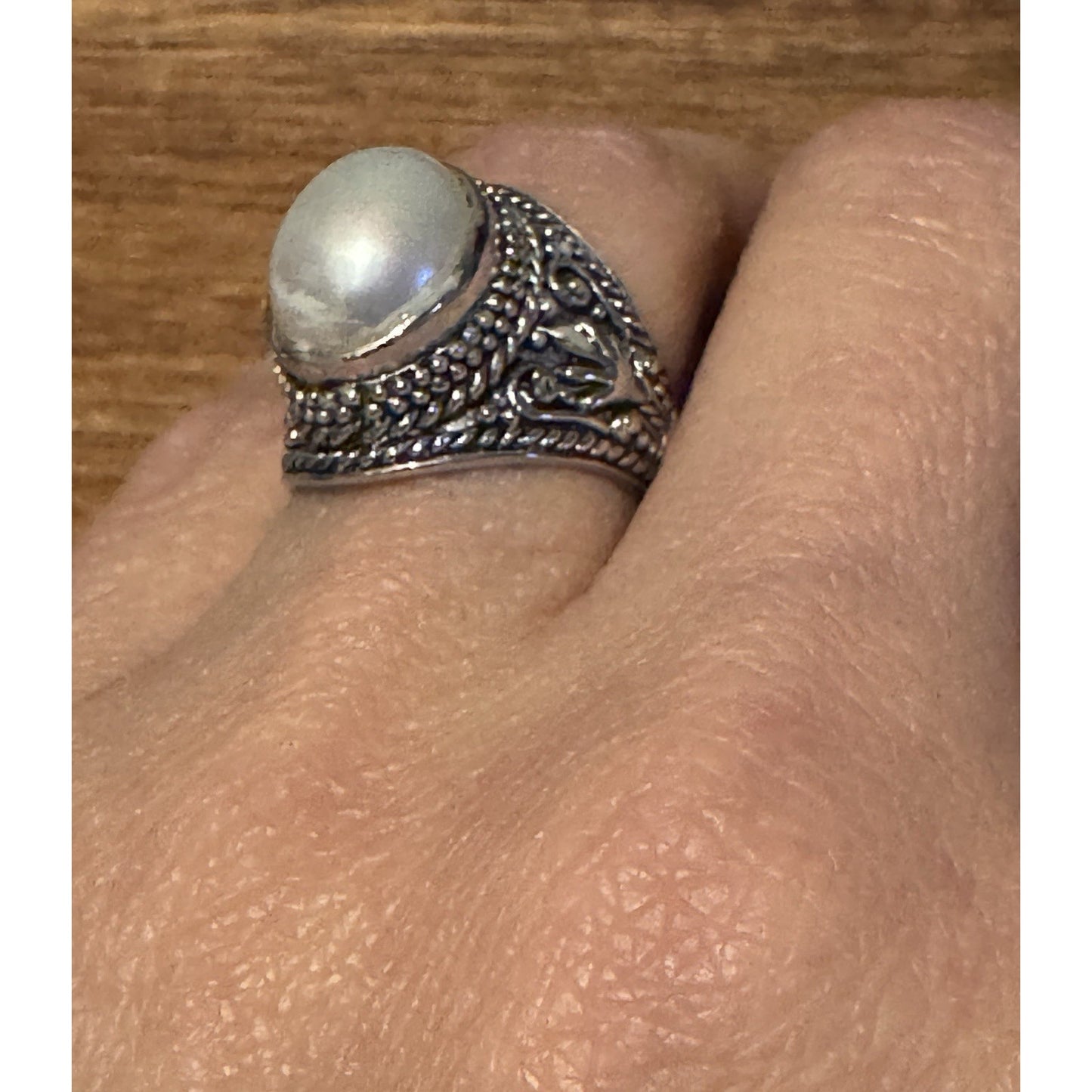 Sterling Silver CFJ Thailand Ornate Filigree Ring with Genuine Pearl Size 5