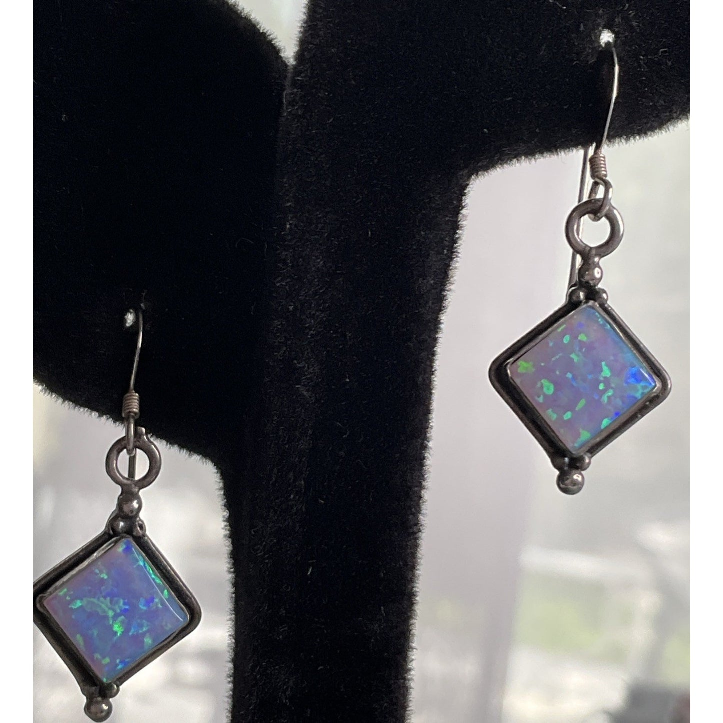 Vintage Sterling Silver Geometric Blue Iridescent Fire Opal Dangle Drop Earrings
