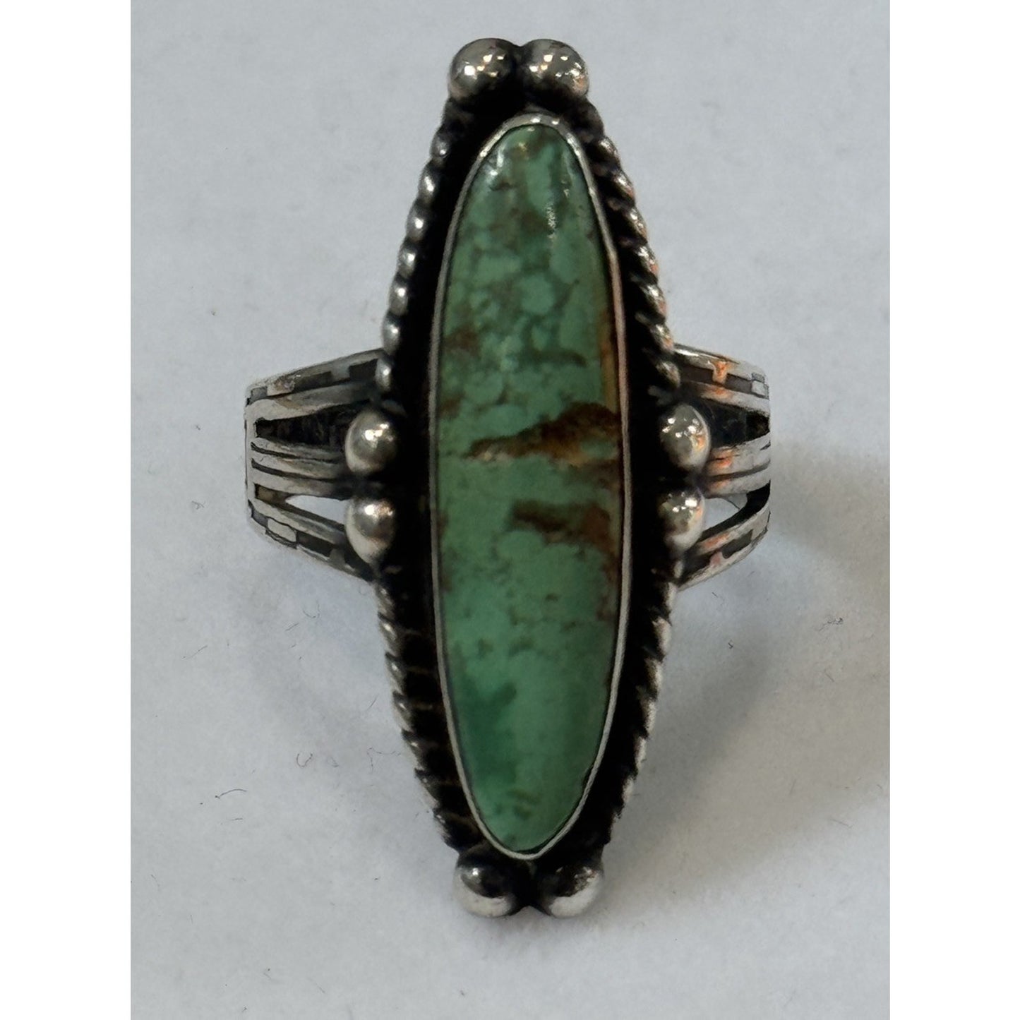 Vintage Navajo Turquoise Sterling Silver Green Turquoise Ring Old Pawn Size 6.5