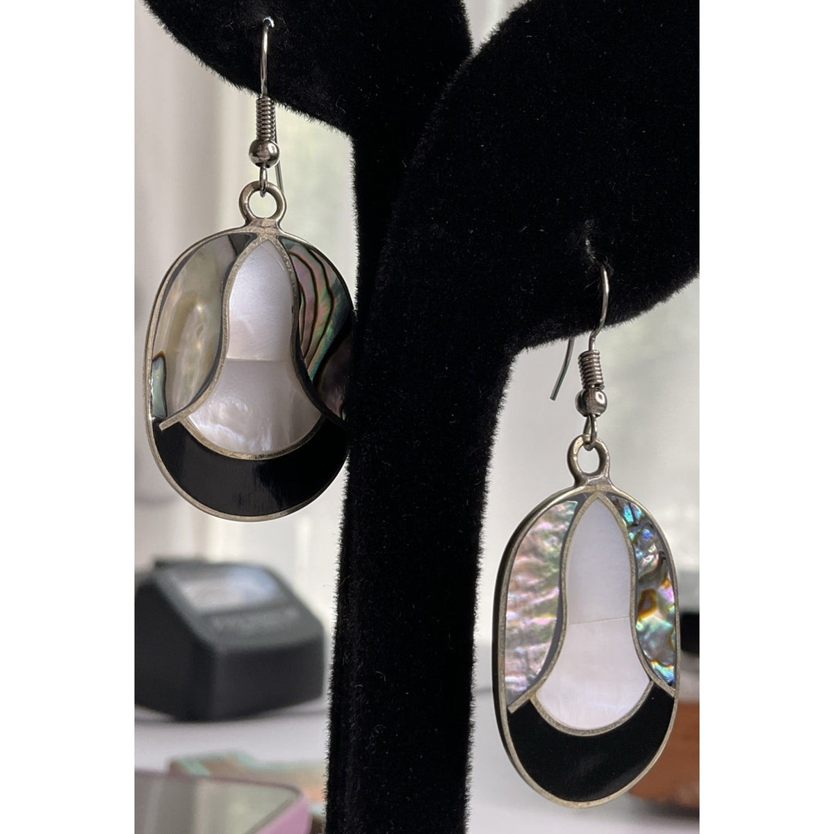 Vintage Alpaca Sterling Silver Mother of Pearl Abalone Inlay Dangle Earrings