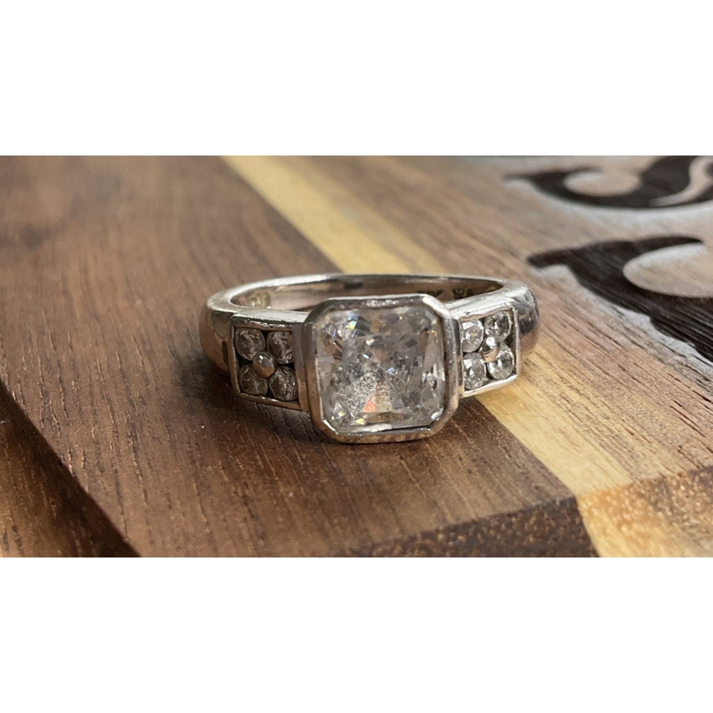 TM 925 Sterling Silver Square CZ Ring Size 7.5 Vintage Style Engagement Ring