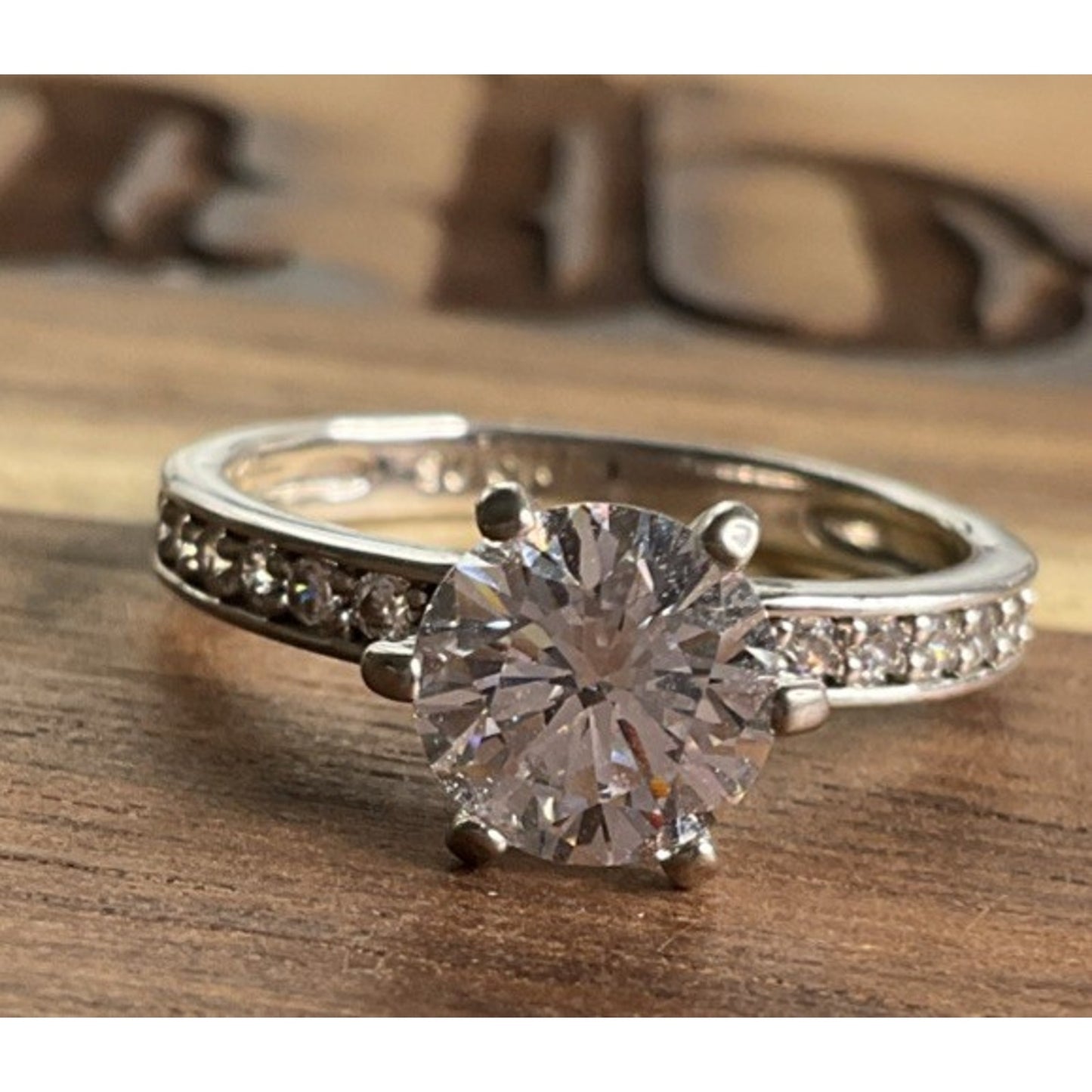 SU Sterling Silver Glass Solitaire Ring Moissanite Accents Size 6.5