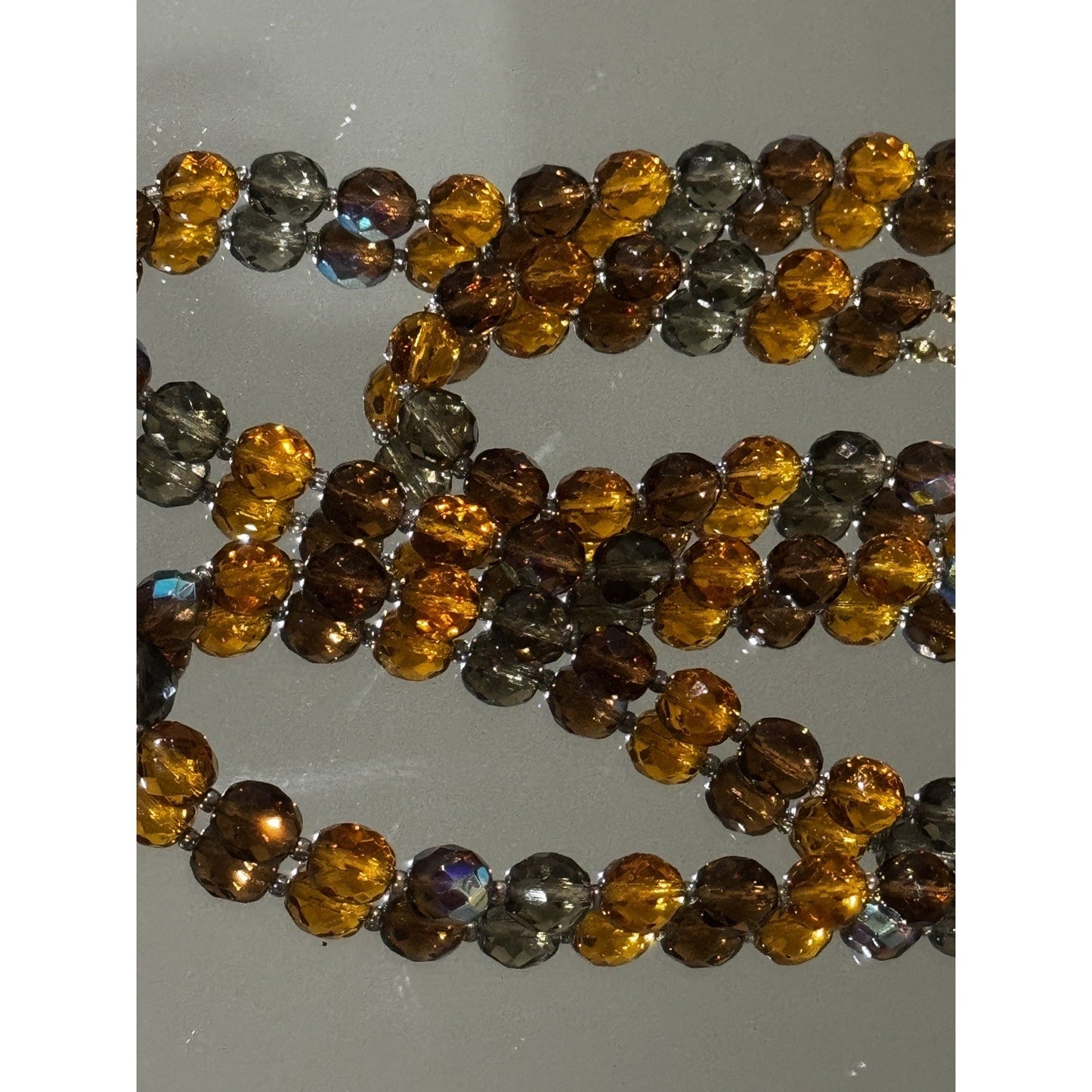 Vintage Signed Joan Rivers Amber Gray Smoky Glass & AB Crystal Bead 32” Necklace