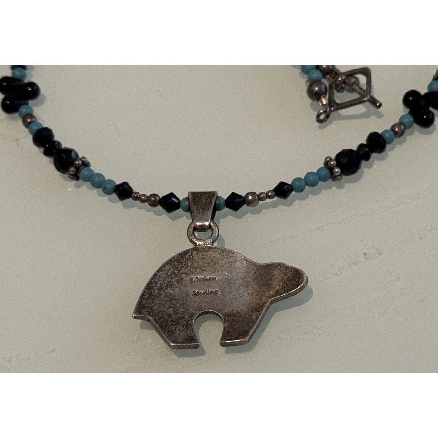 Vintage Sterling 925 Zuni Bear Inlay Pendant & Necklace E. Haloo Turquoise Onyx