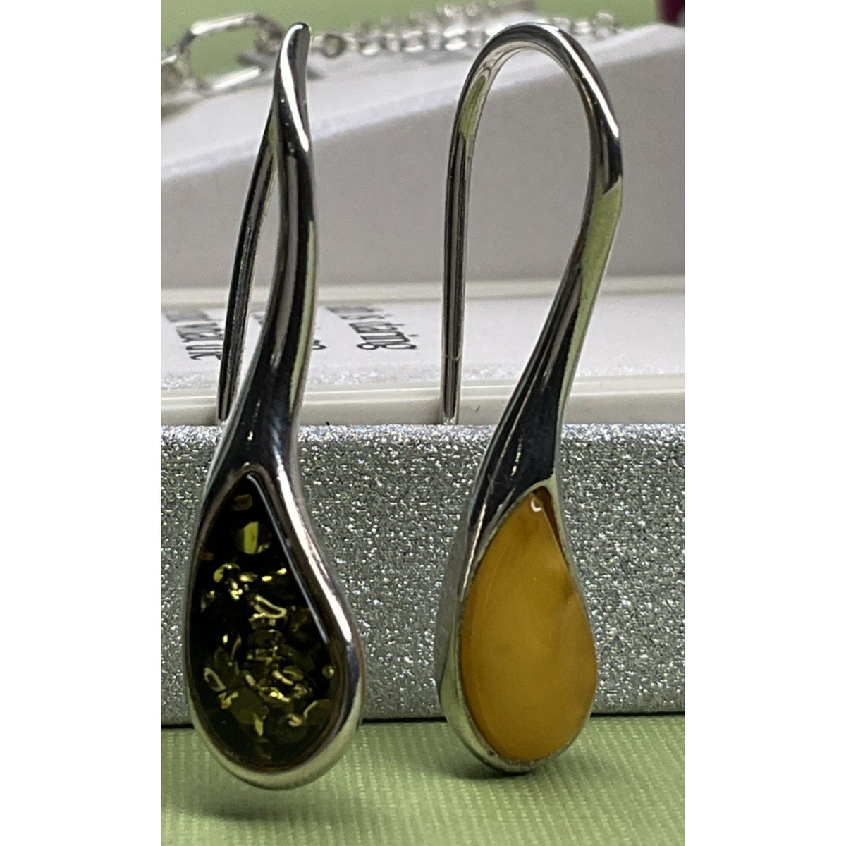 Sterling Silver Amber Yellow Cabochon Dangle Earrings Long Drop 4g
