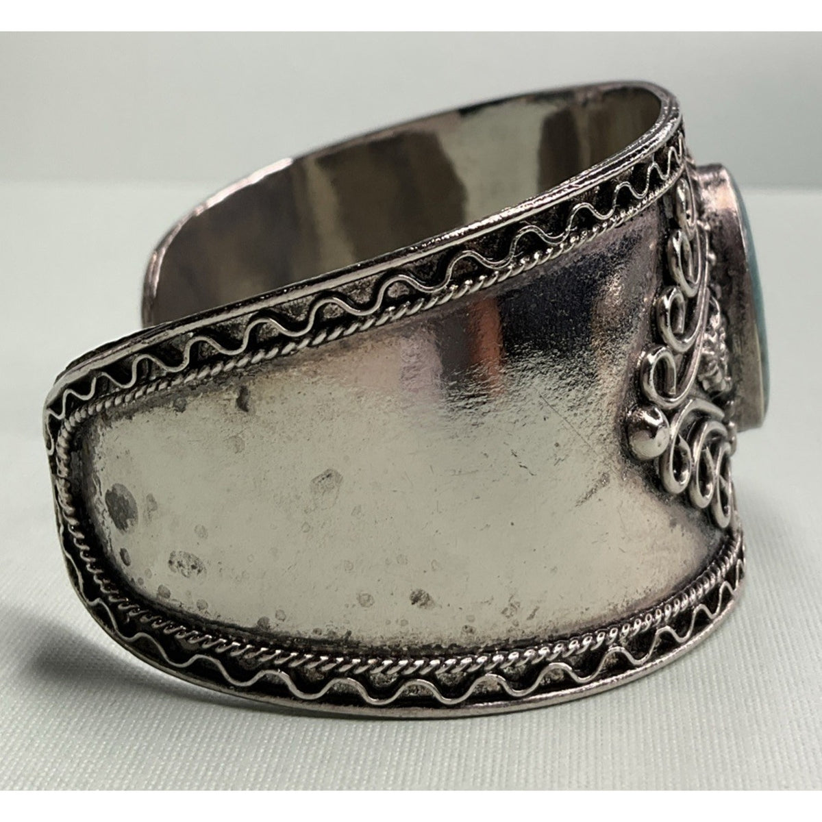 Sterling Silver Turquoise Cuff Bracelet 34g Wide Ornate Southwestern Style