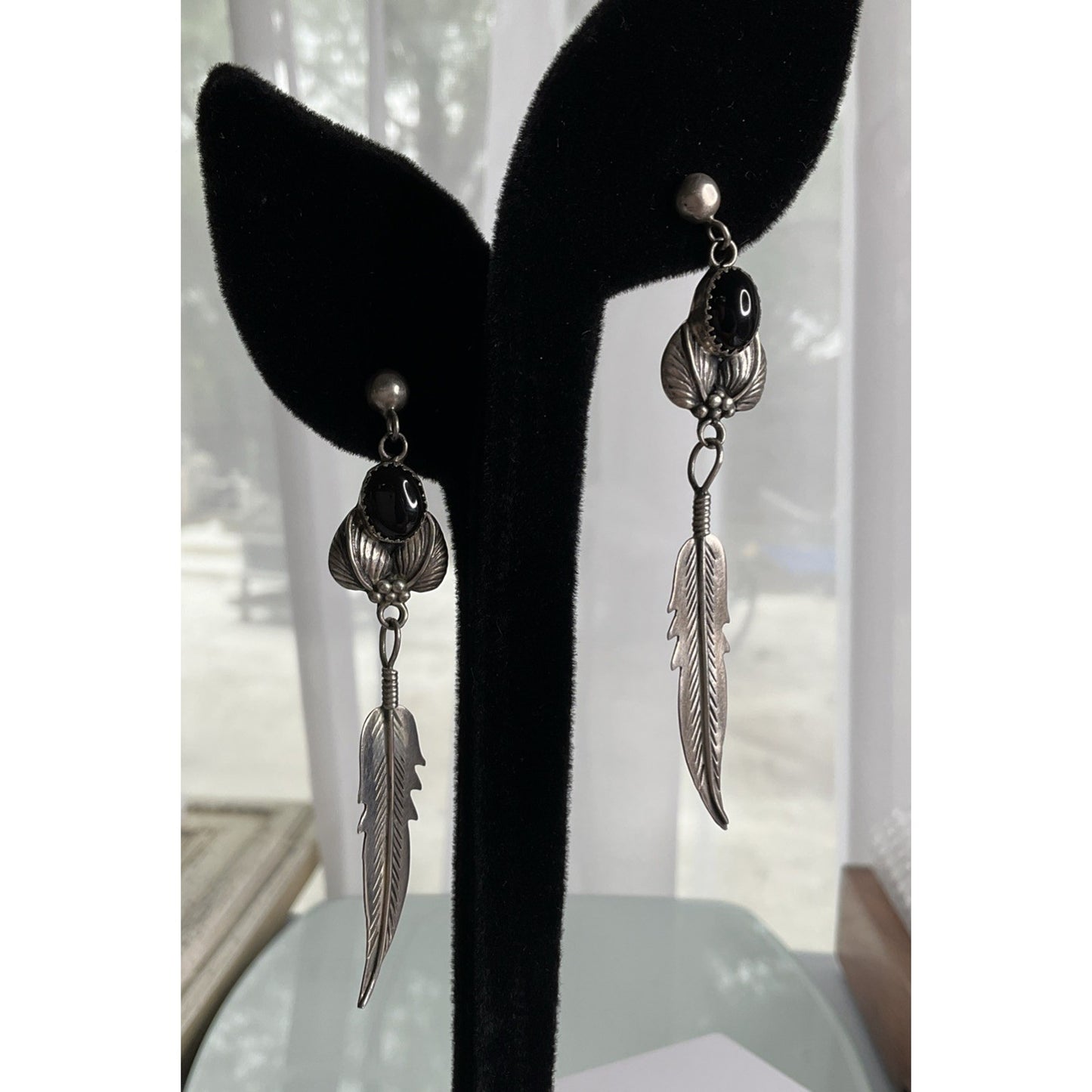 Lorena Sterling Silver Black Onyx Feather Dangle Earrings Southwestern Boho Drop