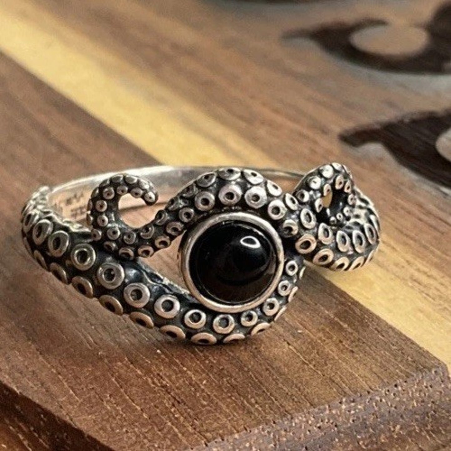 Vintage Sterling Silver Octopus Tentacle Ring Size 10 Black Onyx Stone Ocean