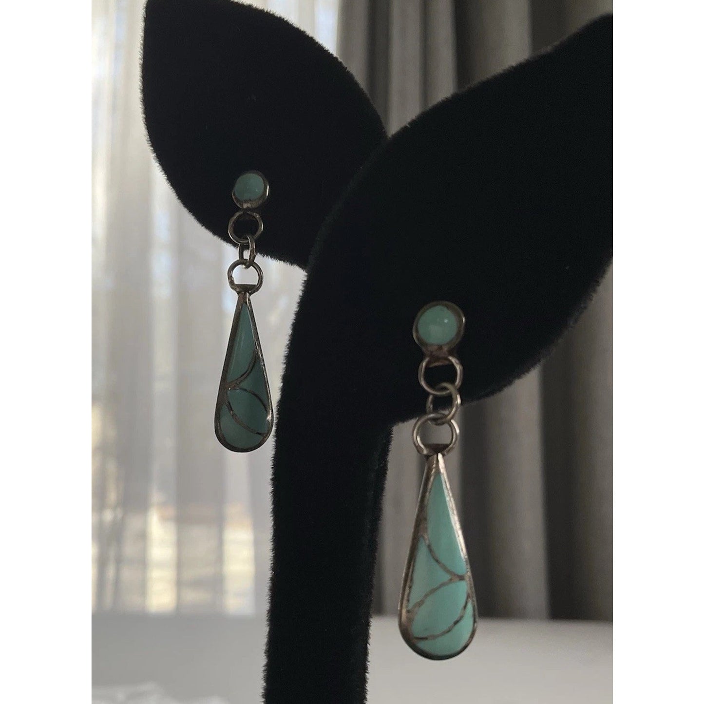 Sterling Silver Turquoise Inlay Dangle Earrings Teardrop Southwestern Style 4.3g