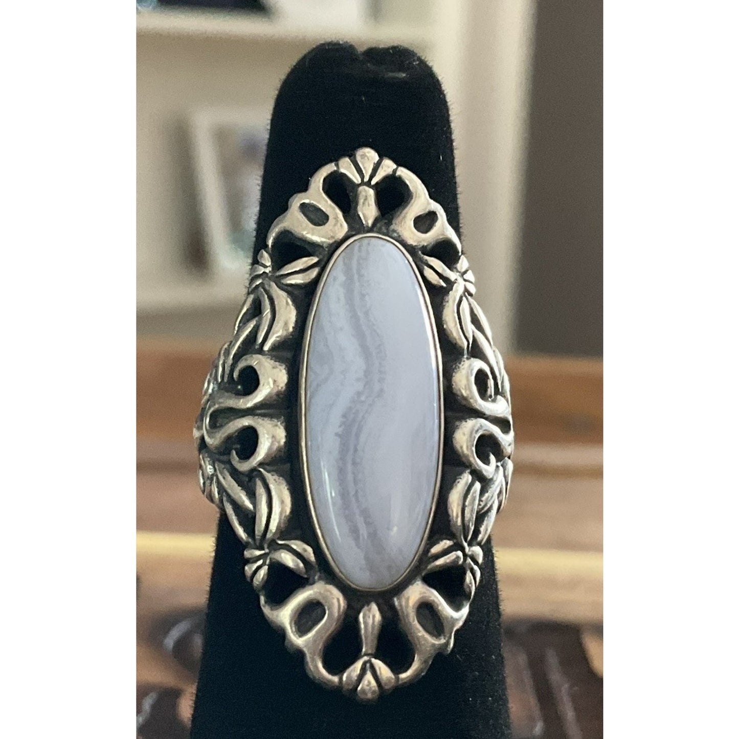Vintage Sterling Silver Carolyn Pollack Oval Blue Agate Filigree Ring Size 7
