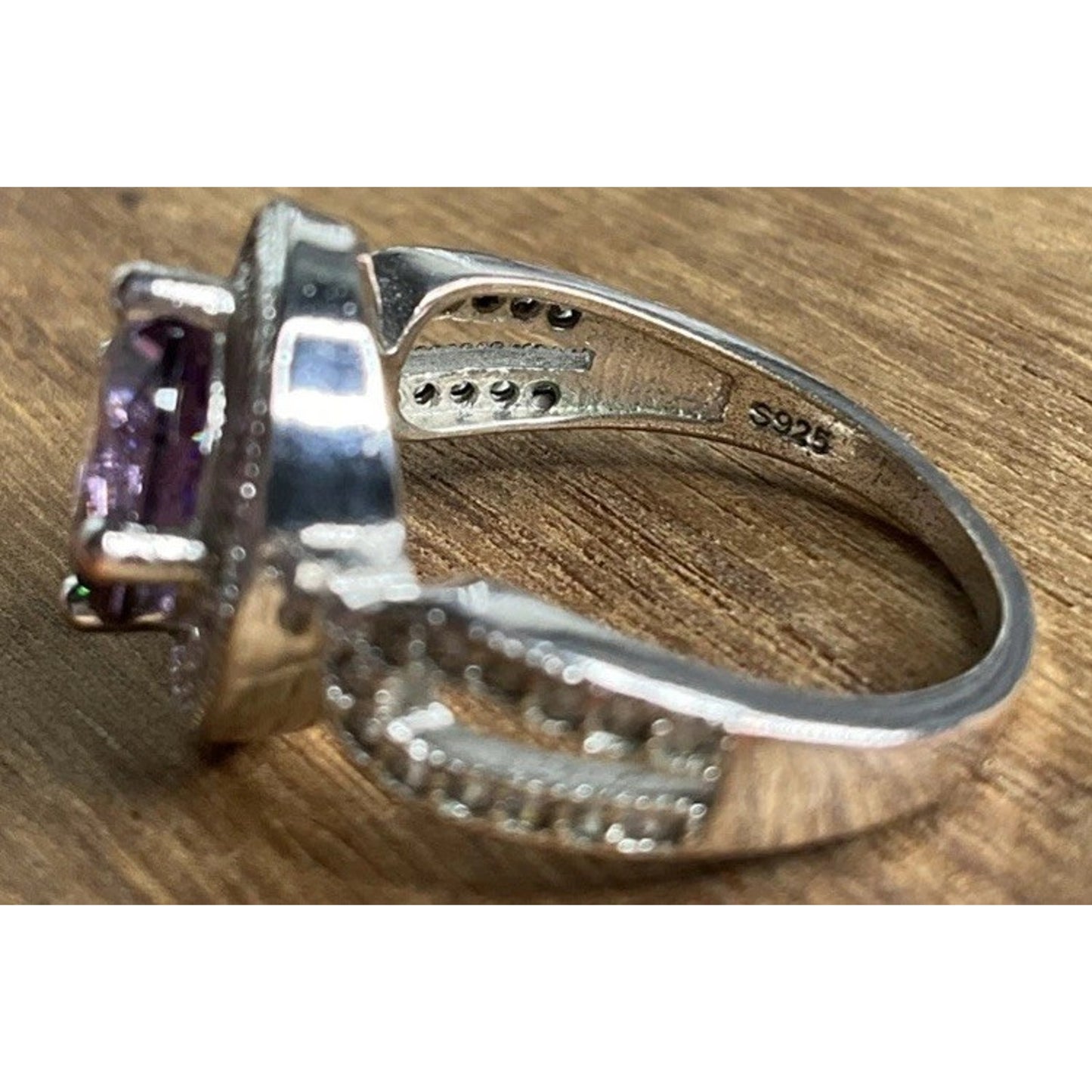Sterling Silver Purple Halo Ring S925 Vintage Style CZ Size 6.5
