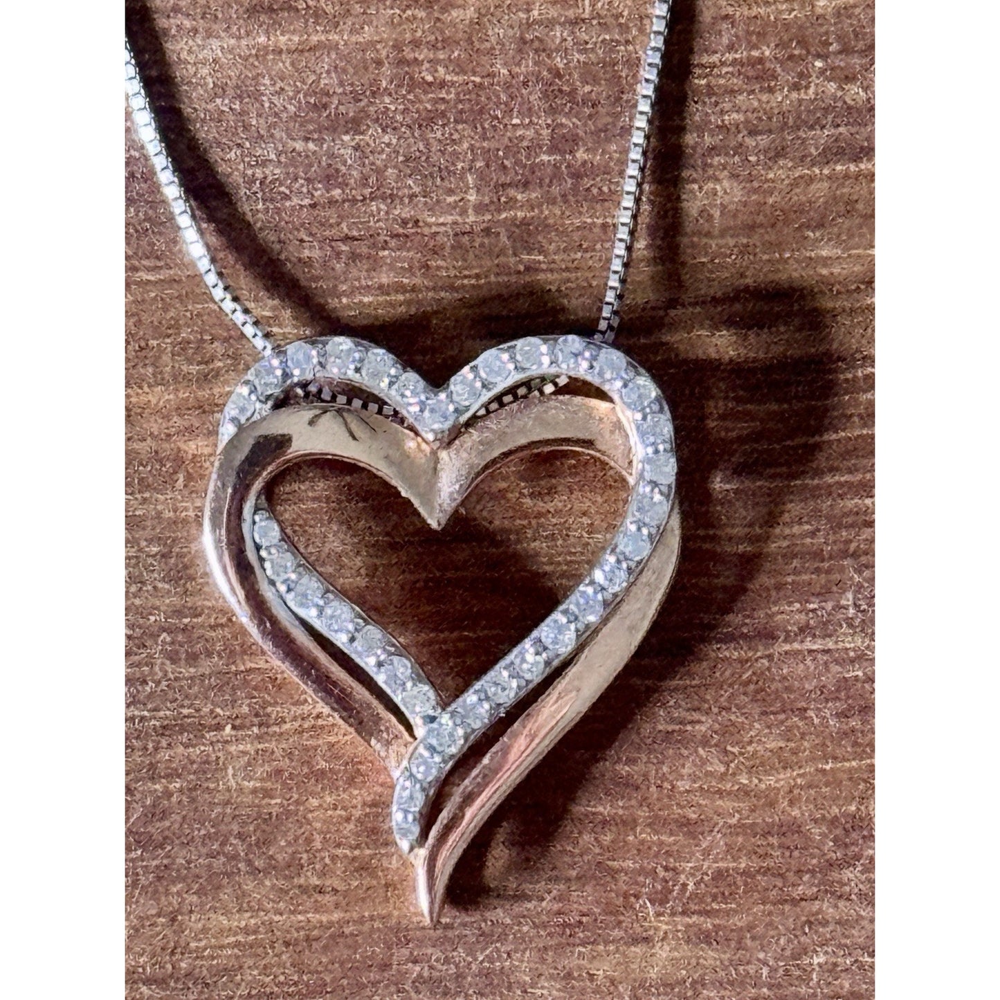 Sterling Silver Two-Tone ~1/5CTW Diamond Double Open Heart Pendant Necklace 18”