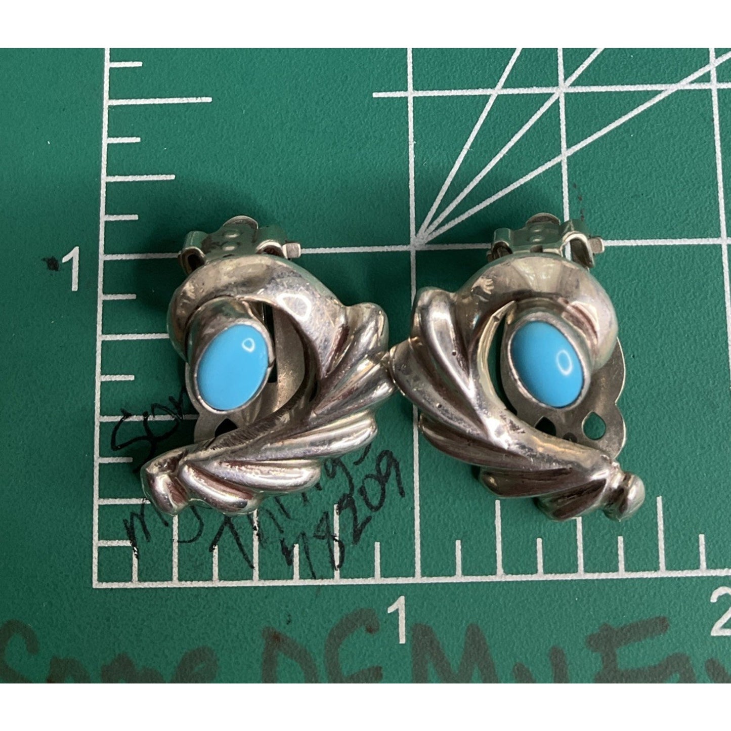 Vintage Robins Egg Turquoise Clip On Sterling Silver Earrings Fan Shell 11 Grams