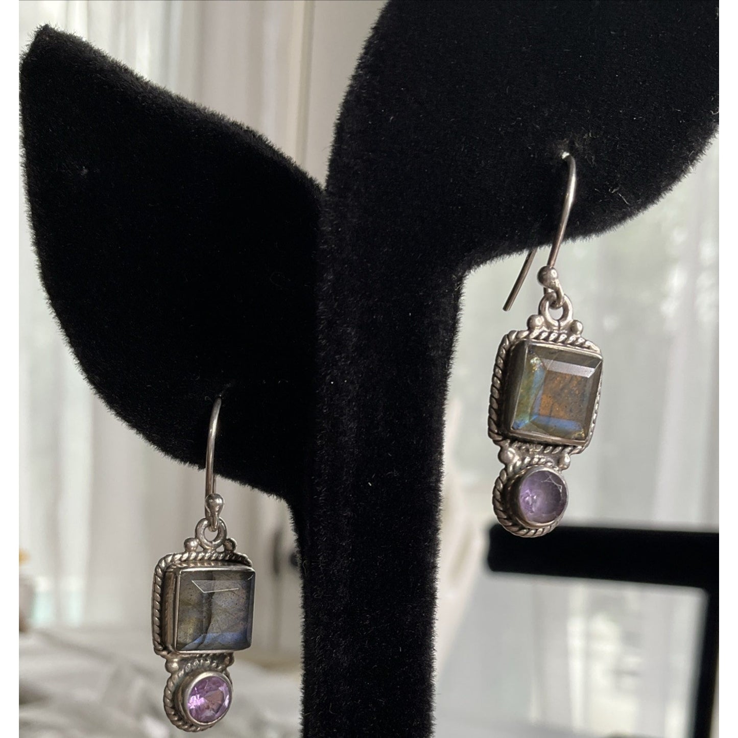 Sterling Silver Labradorite Amethyst Dangle Earrings 925 India