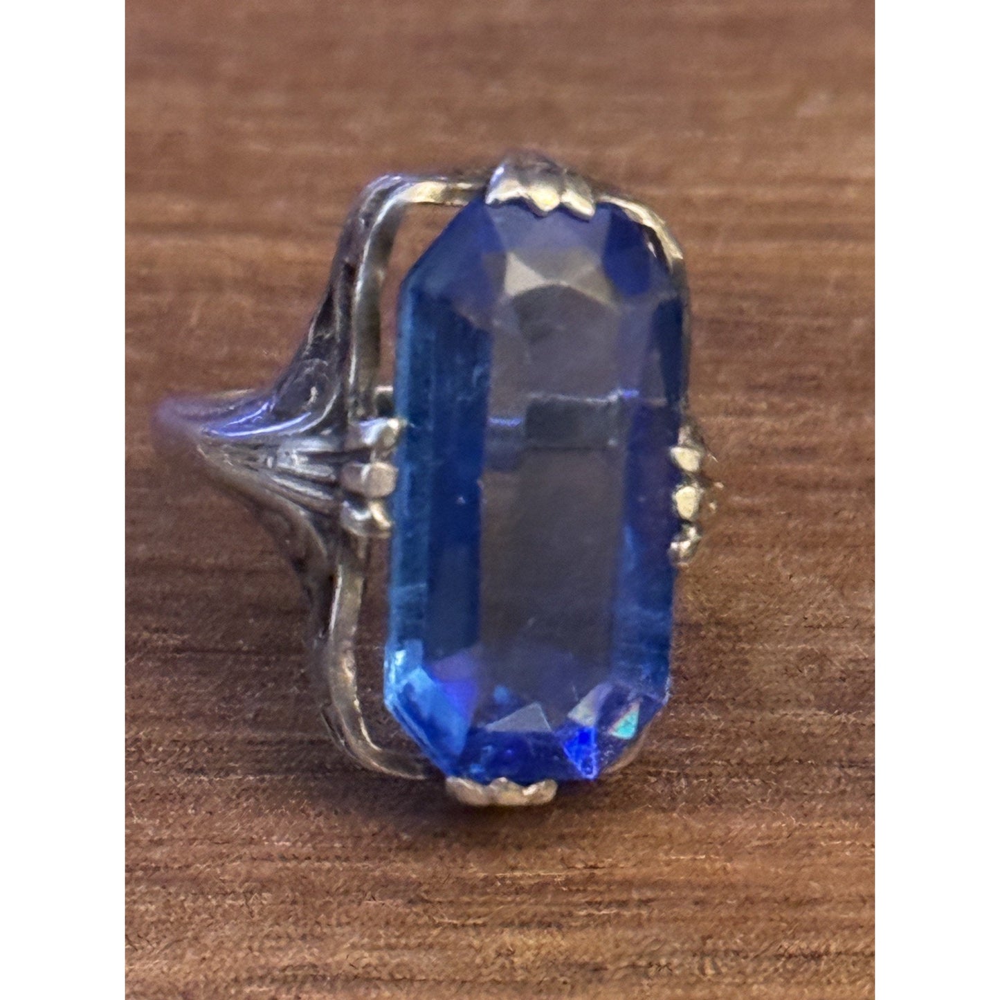 Vintage Sterling Silver Ring with Large Blue Glass Emerald Cut Stone Art Deco
