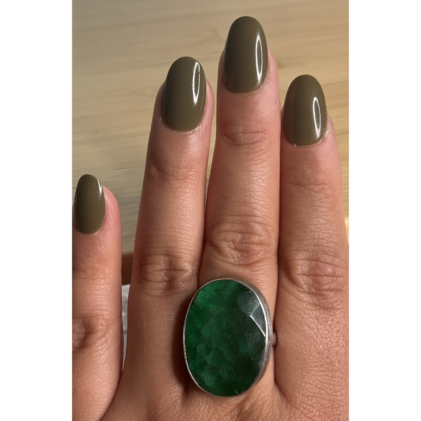 Vintage Large Green Gemstone Sterling Silver Statement Dramatic Ring Size 8