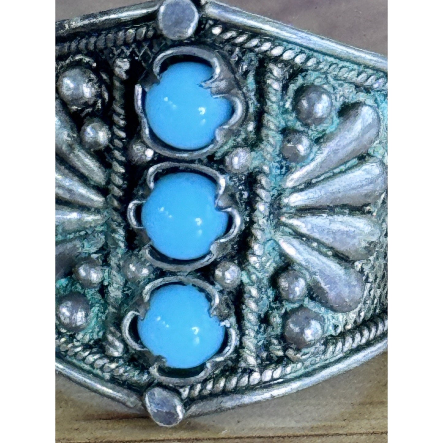 Vintage Tribal Sterling Silver 3 Stone Turquoise Saddle Ring Afghan Kuchi Sz 8