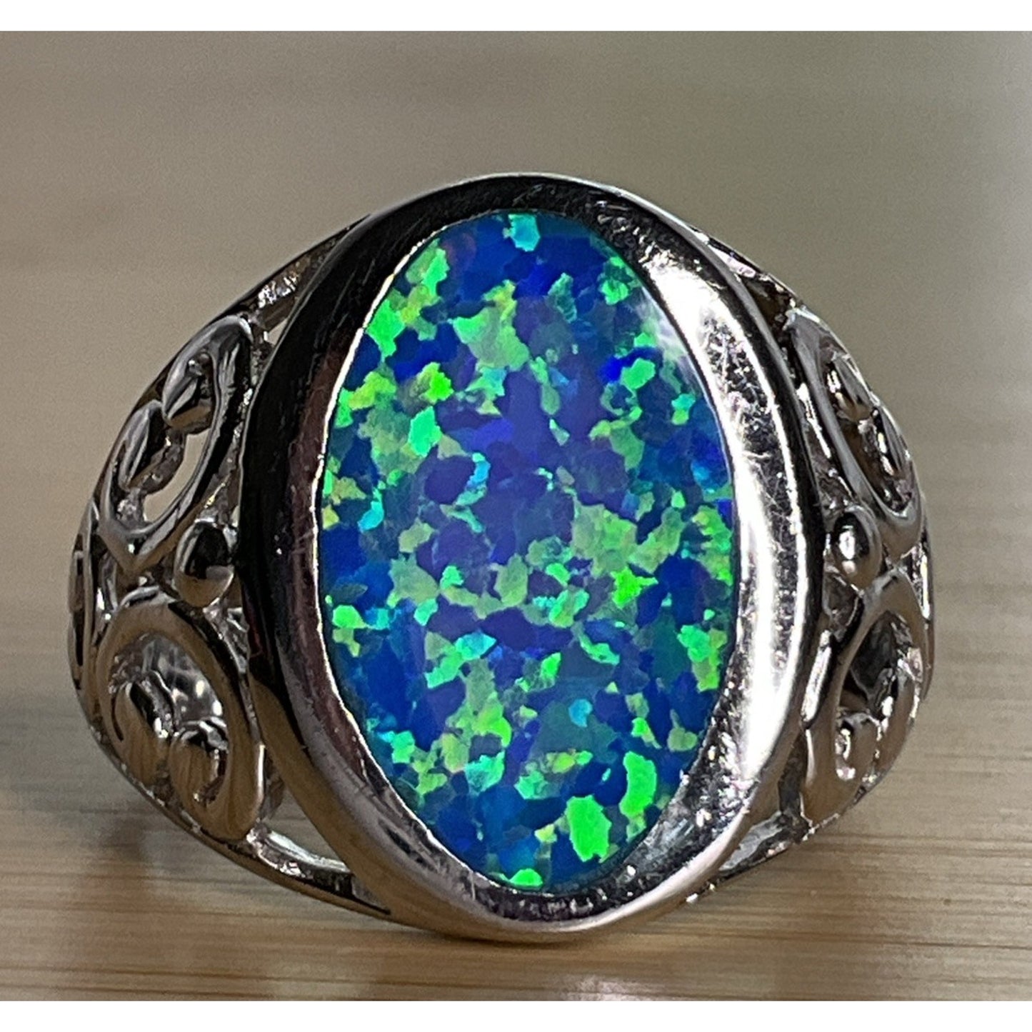 Vintage Sterling Silver Blue Green Oval Opal Filigree Ring Size 9