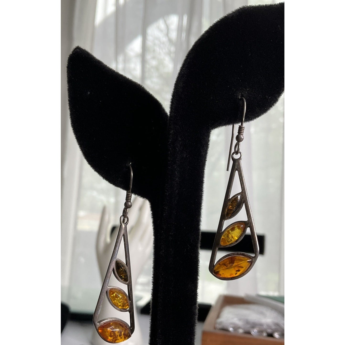 Sterling Silver Baltic Amber Dangle Drop Earrings Modern 1.5”