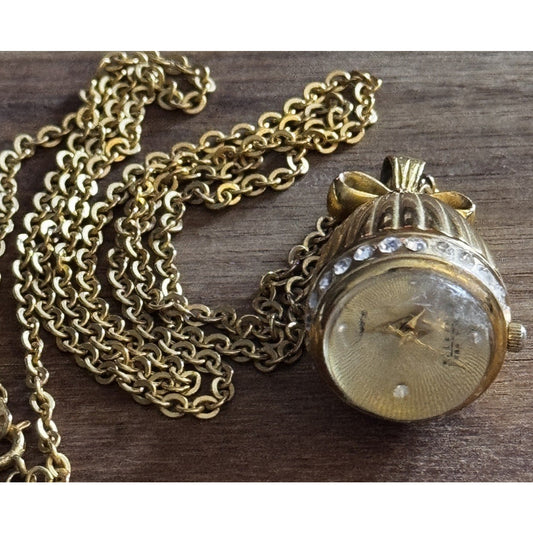 Vintage Joan Rivers Classics Quartz Bow Egg Watch Pendant On Gold Tone 30” Chain