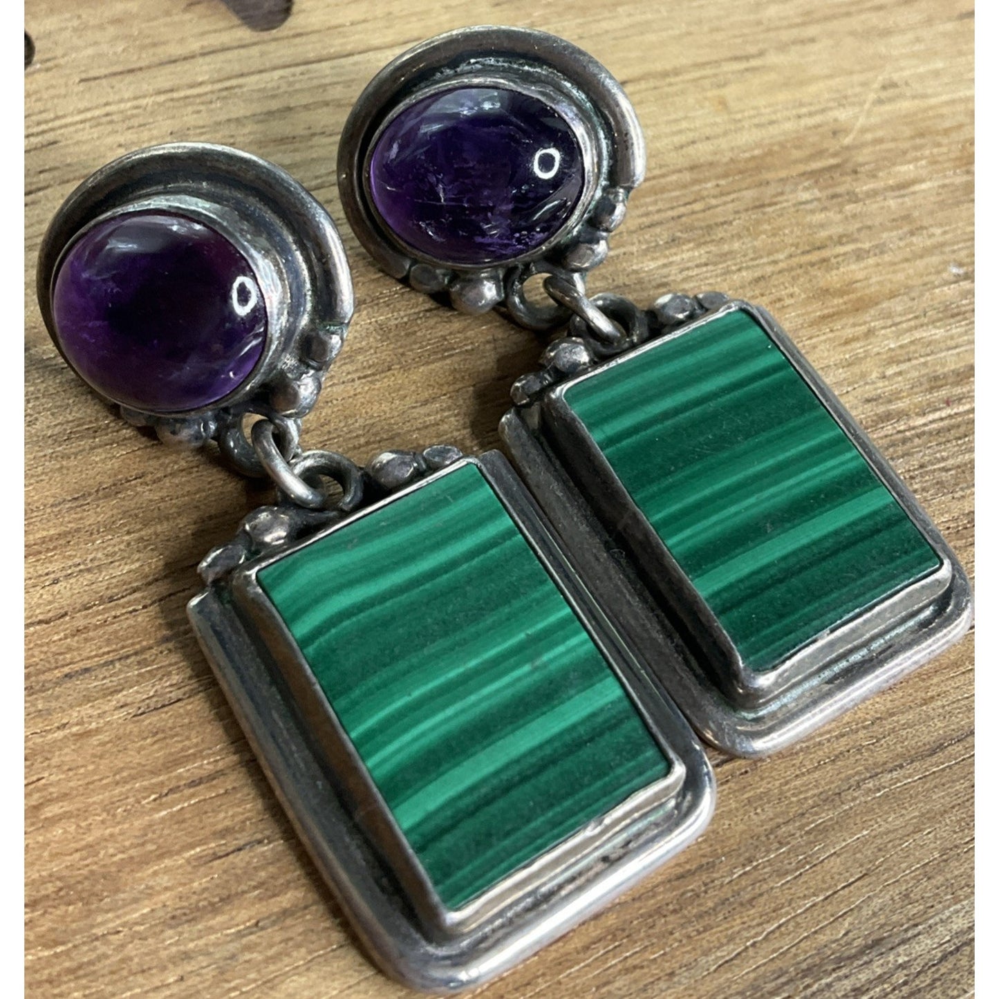 Vintage Roie Jaque Navajo Native American 925 Sterling Malachite Dangle Earrings