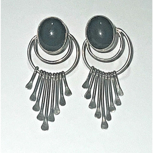 Vintage Sterling Silver AL Signed Onyx Dangle Earrings Southwestern Style